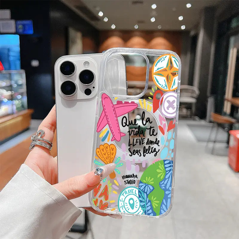 Colorful Travel Theme Pattern Phone Case,Acrylic Transparent Magnetic Soft Case,Suitable for Iphone 17 Pro Max 16 15 14 13 12 11,Anti Drop Phone Case,Lightweight and Durable,Supports Wireless Charging,Case Timy,Plm02676Fj