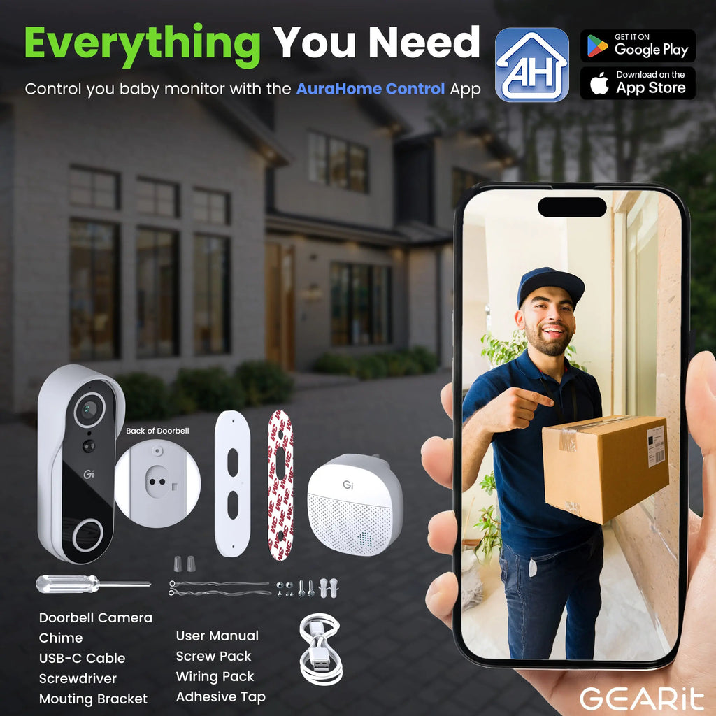 Gearit Smart Video Doorbell with Chime - Wireless 2K QHD Camera - IP64 Weather-Proof, Motion Detection, 2 Way Audio Intercom for Enhanced Security