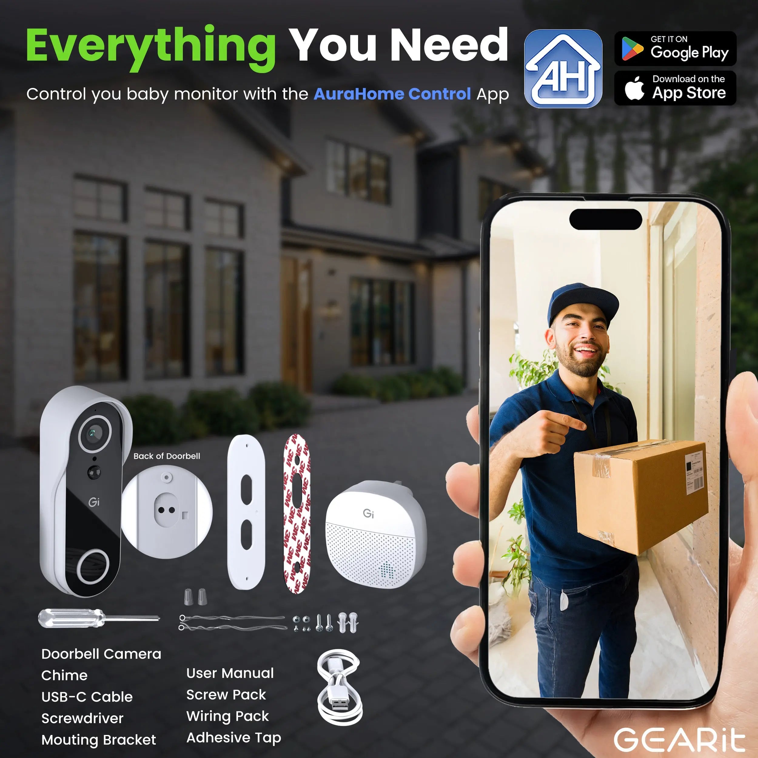 Gearit Smart Video Doorbell with Chime - Wireless 2K QHD Camera - IP64 Weather-Proof, Motion Detection, 2 Way Audio Intercom for Enhanced Security