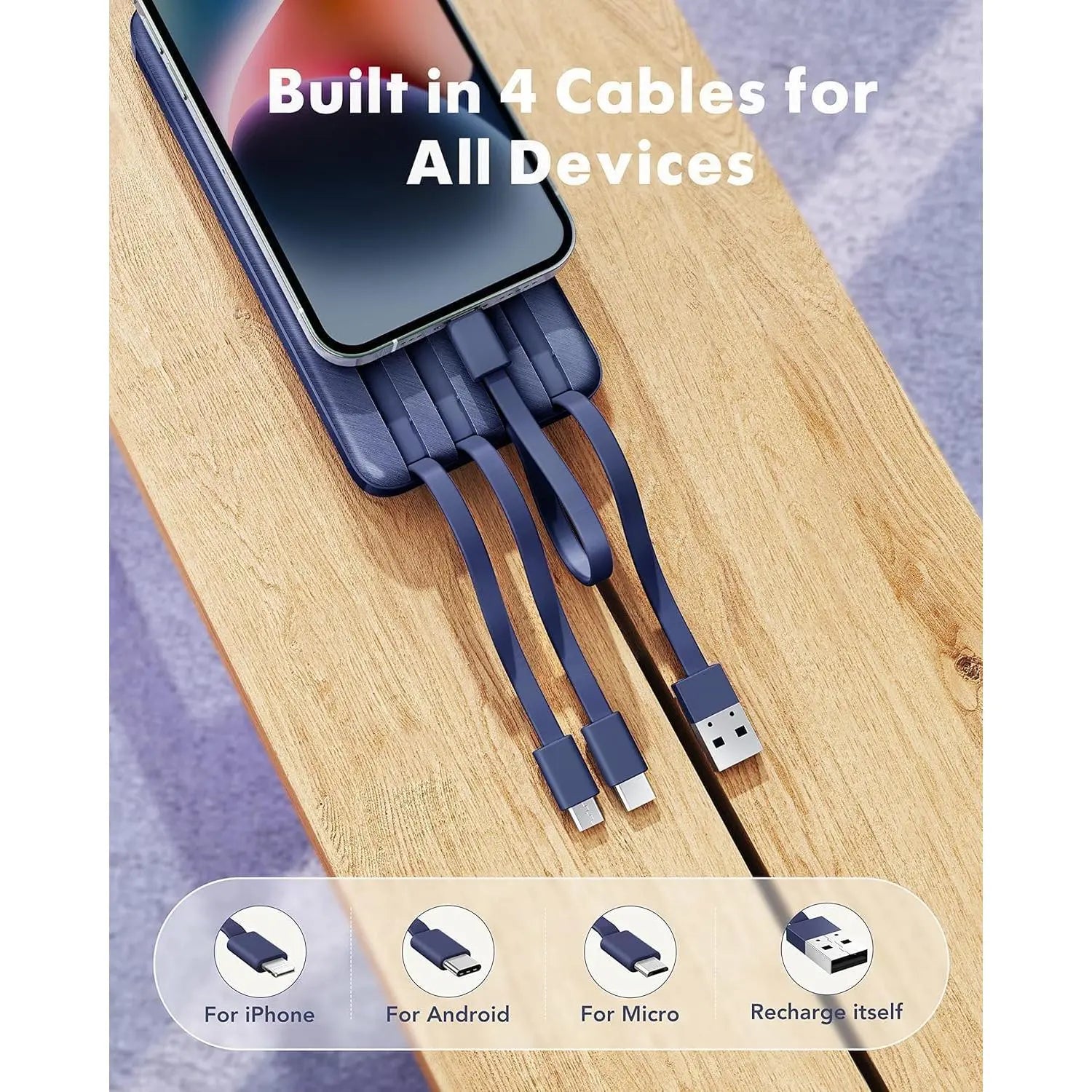 Portable Charger with Built in Cables, Portable Charger with Cords Wires Slim 10000Mah Travel Essentials Battery Pack 6 Outputs 3A High Speed Power Bank for Iphone Samsung Pixel LG Moto Ipad