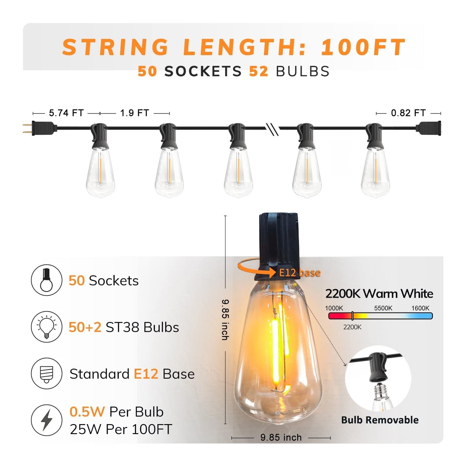 Achin 100FT Outdoor String Lights LED Dimmable Patio Lights String Waterproof...