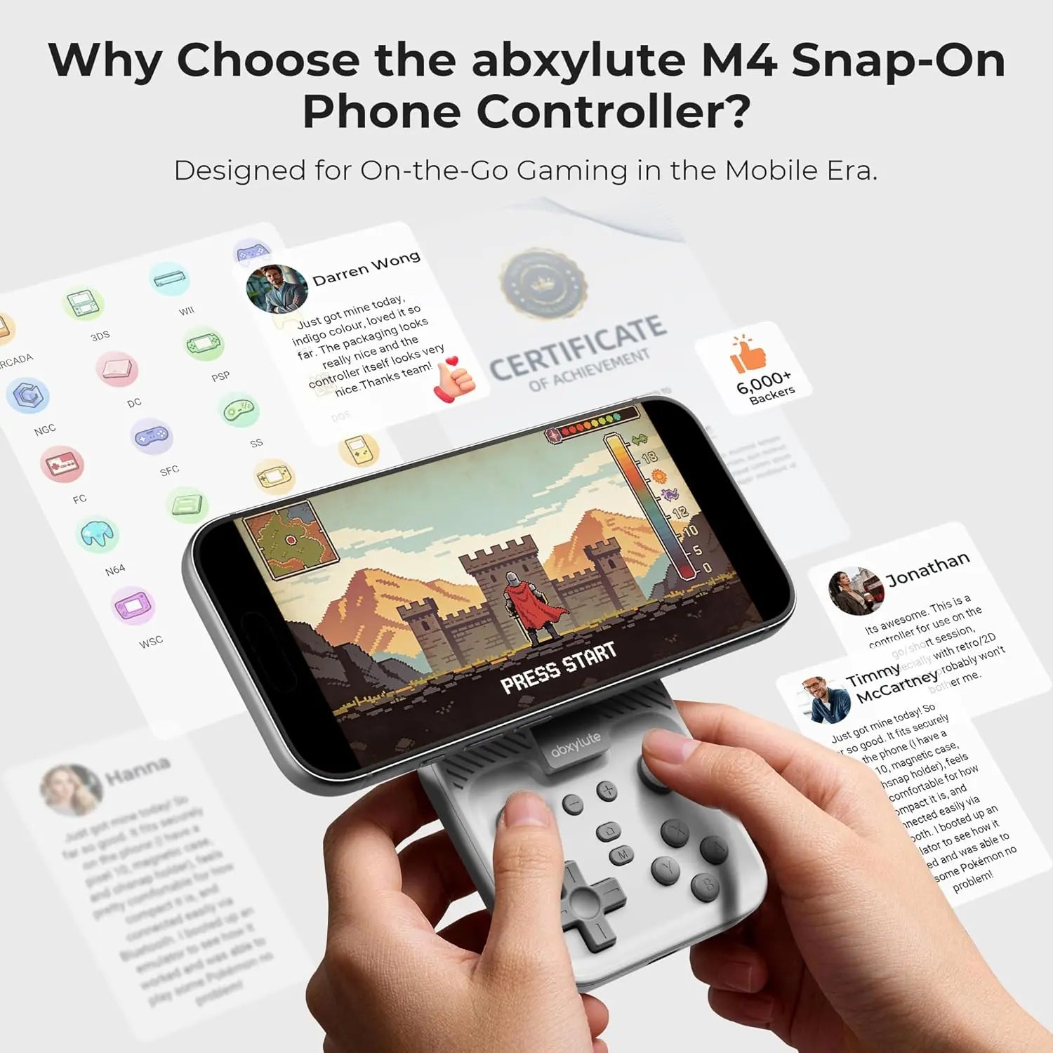 Abxylute M4 Snap-On Mobile Gaming Controller for Android & Iphone, Switch 1&2, Portable Bluetooth Mini Controller, Pocket-Sized Retro Emulator Gamepad W/Stand, Dual Joystick Turbo Pro Gaming, Magnetic (White)