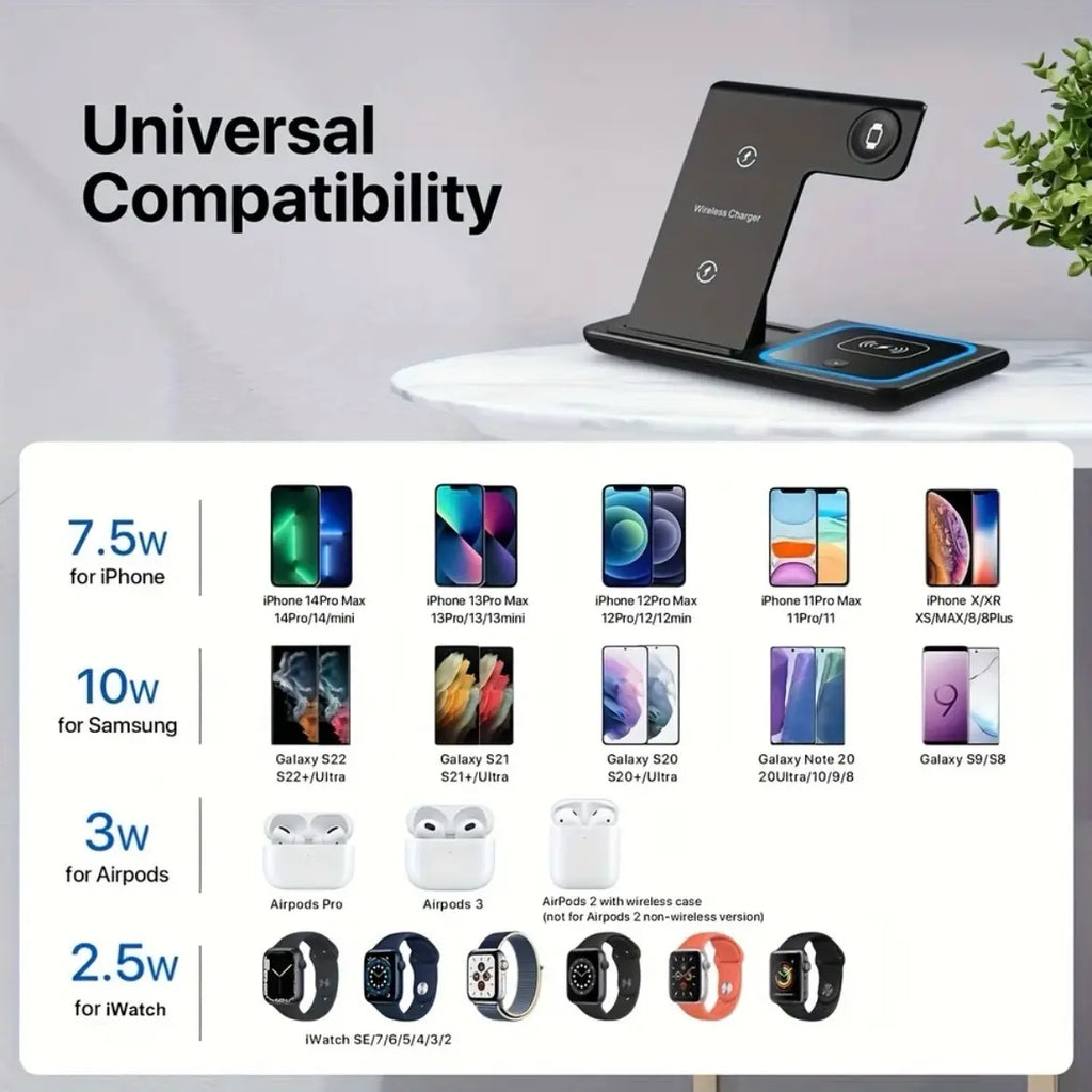 3 in 1 Wireless Charger for Apple & Android Devices. Fast Charging Dock Station for Airpods, Watch, and Phone. Accessories, Cellphone, Smartphone. Foldable. Electronic Mobile.