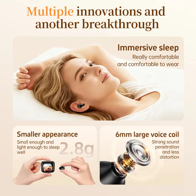 VUB Sleep Earbuds, Bluetooth 5.4 in Ear Smart Touch Screen Earbuds, 48H Mini Sleep Headphones Small Design for Side Sleepers, Crystal-Clear Calls Ear Buds, 5 EQ Modes