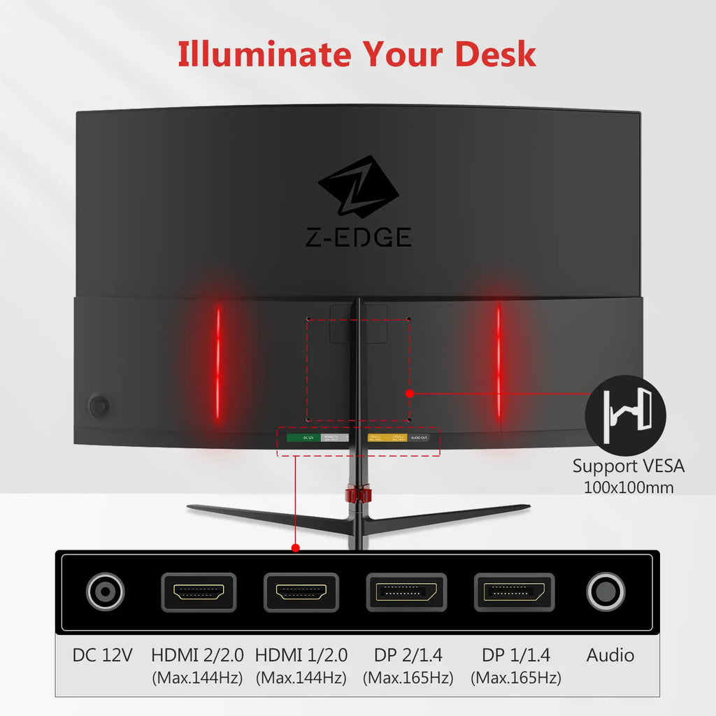 Z-EDGE 27" 165Hz QHD Curved Gaming Monitor, 16:9 2560X1440 1Ms Frameless LED Gaming Monitor, UG27Q DP&HDMI