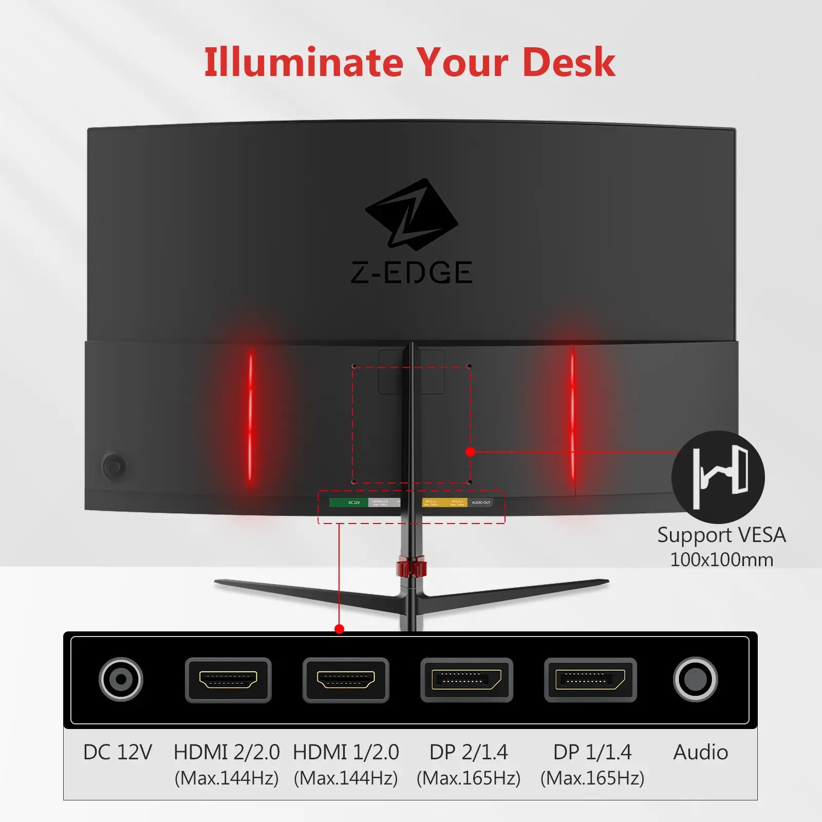 Z-EDGE 27" 165Hz QHD Curved Gaming Monitor, 16:9 2560X1440 1Ms Frameless LED Gaming Monitor, UG27Q DP&HDMI