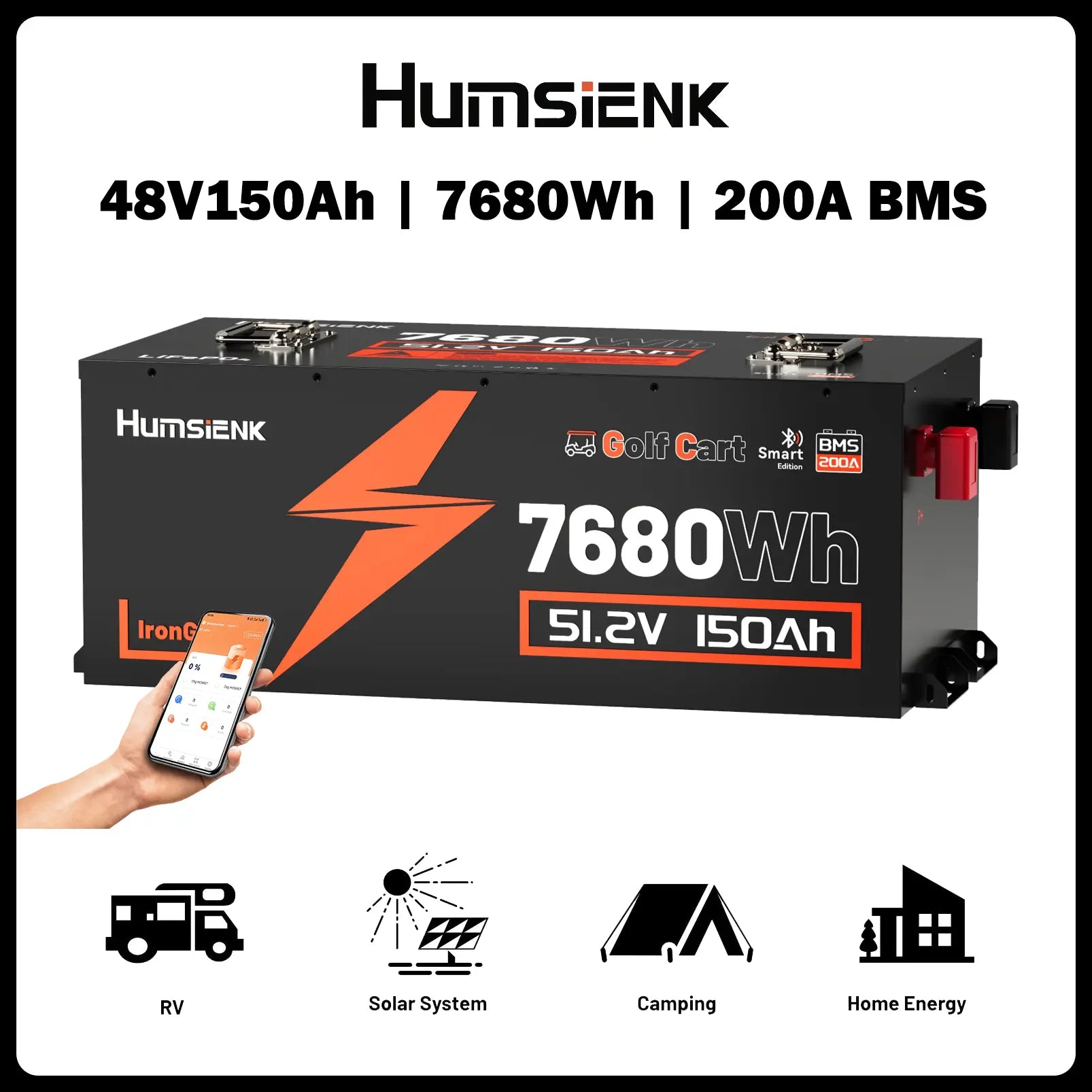 Humsienk 48V 150Ah Golf Cart Battery with Blade Cell & Metal Case, Lifepo4 Lithium Battery with 200A BMS, Bluetooth APP & LCD Monitor, 15000+ Cycles, Peak Current 600A with Low-Temp Protection for Golf Carts