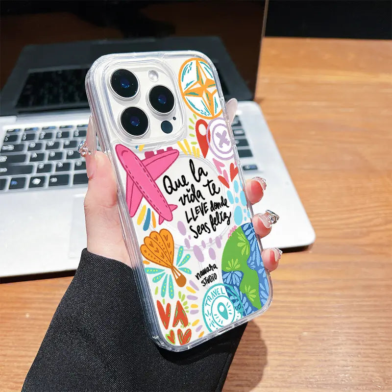 Colorful Travel Theme Pattern Phone Case,Acrylic Transparent Magnetic Soft Case,Suitable for Iphone 17 Pro Max 16 15 14 13 12 11,Anti Drop Phone Case,Lightweight and Durable,Supports Wireless Charging,Case Timy,Plm02676Fj