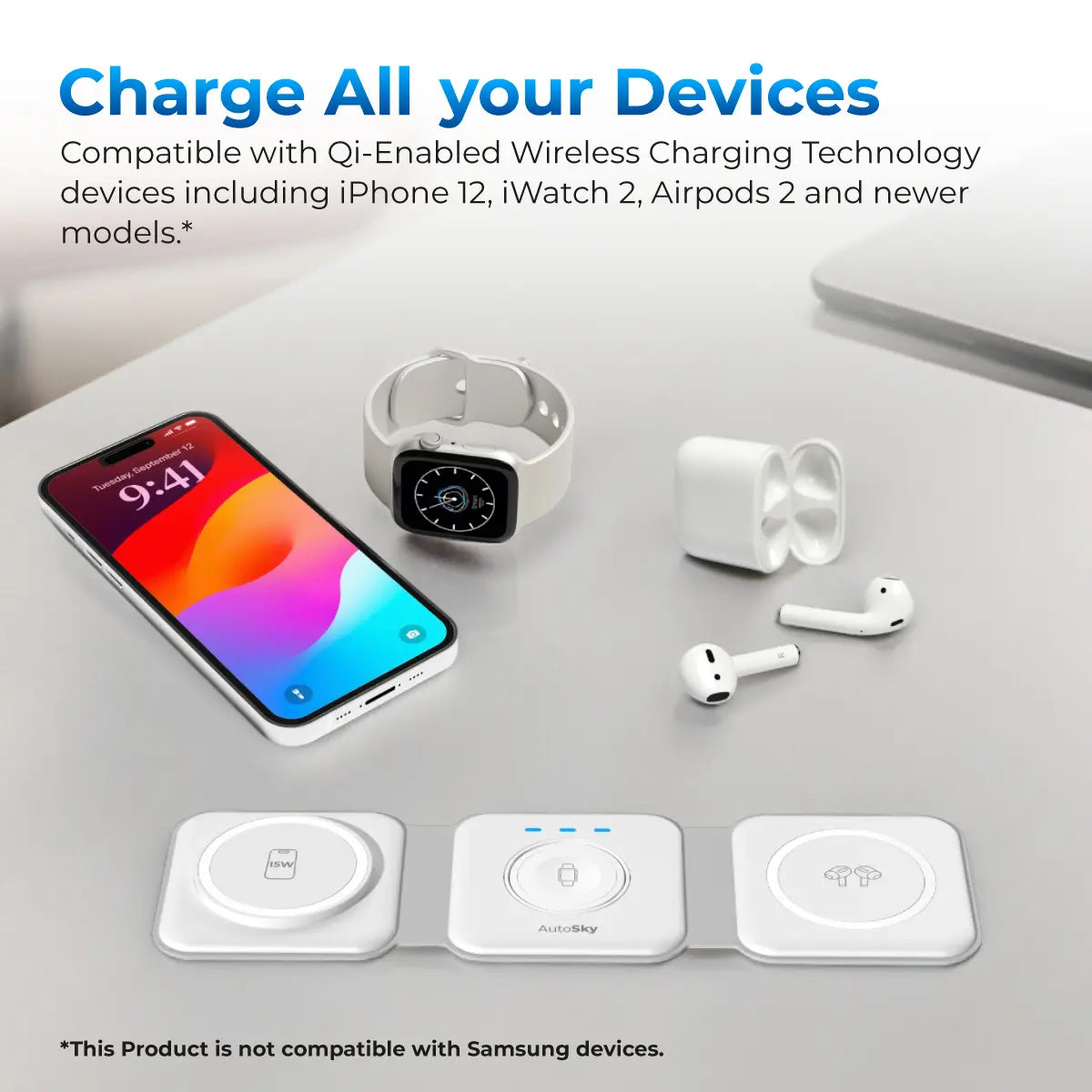 Autosky 3 in 1 Wireless Charger with 30W Fast Charge Adapter, Fast Wireless Charging Pad, Travel Charger for Multiple Devices, Foldable 3 in 1 Wireless Charging Station Apple Compatible with Iphone 15/14/13/12, Airpods 3/2, Iwatch