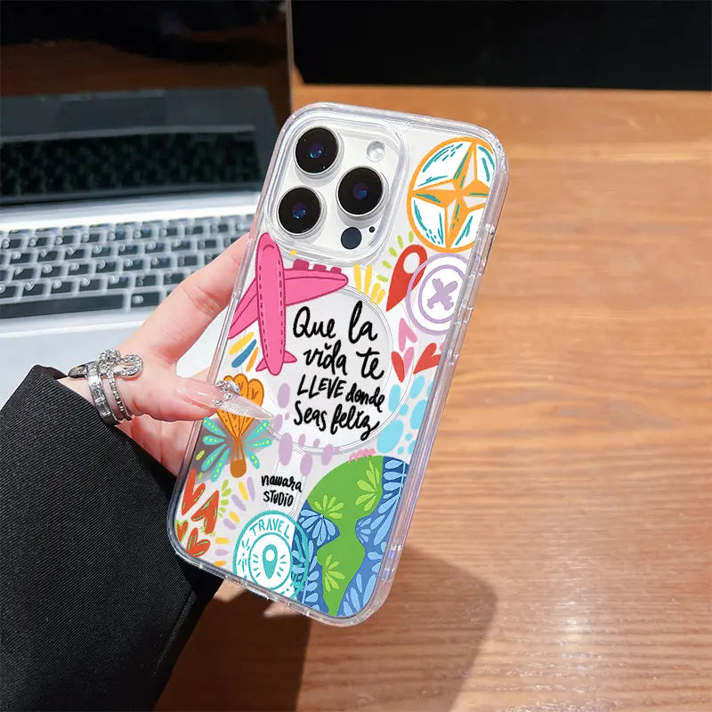 Colorful Travel Theme Pattern Phone Case,Acrylic Transparent Magnetic Soft Case,Suitable for Iphone 17 Pro Max 16 15 14 13 12 11,Anti Drop Phone Case,Lightweight and Durable,Supports Wireless Charging,Case Timy,Plm02676Fj