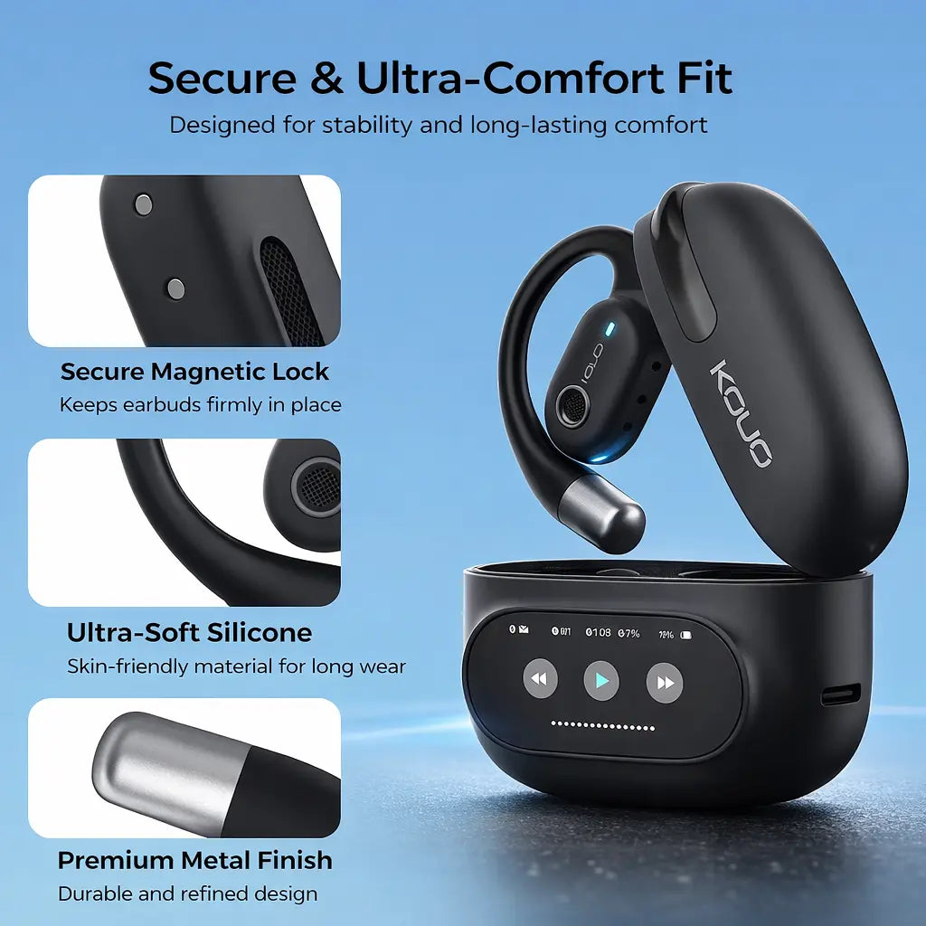 KOUO O1 Open-Ear Wireless Bluetooth 5.4 Headphones with LED HD Display High-Fidelity Sound IPX7 Waterproof for Office Sports Studying Audio Calls