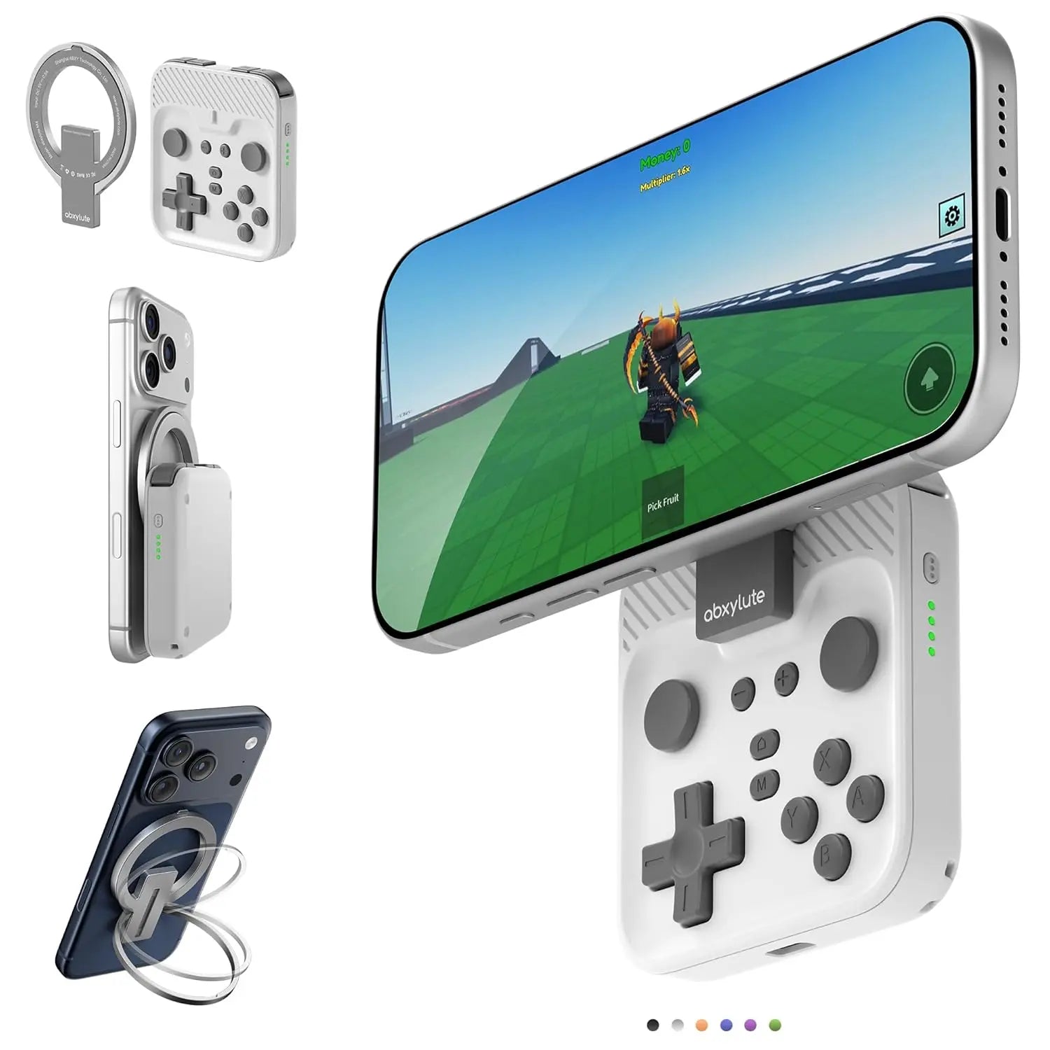 Abxylute M4 Snap-On Mobile Gaming Controller for Android & Iphone, Switch 1&2, Portable Bluetooth Mini Controller, Pocket-Sized Retro Emulator Gamepad W/Stand, Dual Joystick Turbo Pro Gaming, Magnetic (White)