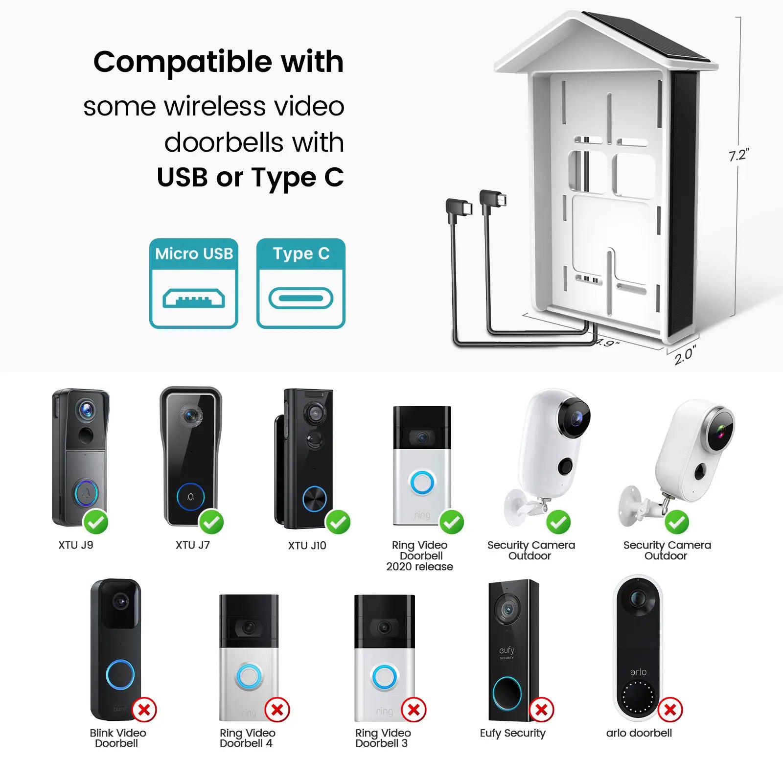 XTU Solar Charger for Video Doorbell, Compatible with Video Doorbell 2Nd Gen (2020 Release), and All Battery-Powered Video Doorbells and Cameras (With Micro Usb/Type C), Waterproof Continuous Charging,Please Verify Device Port and Size .