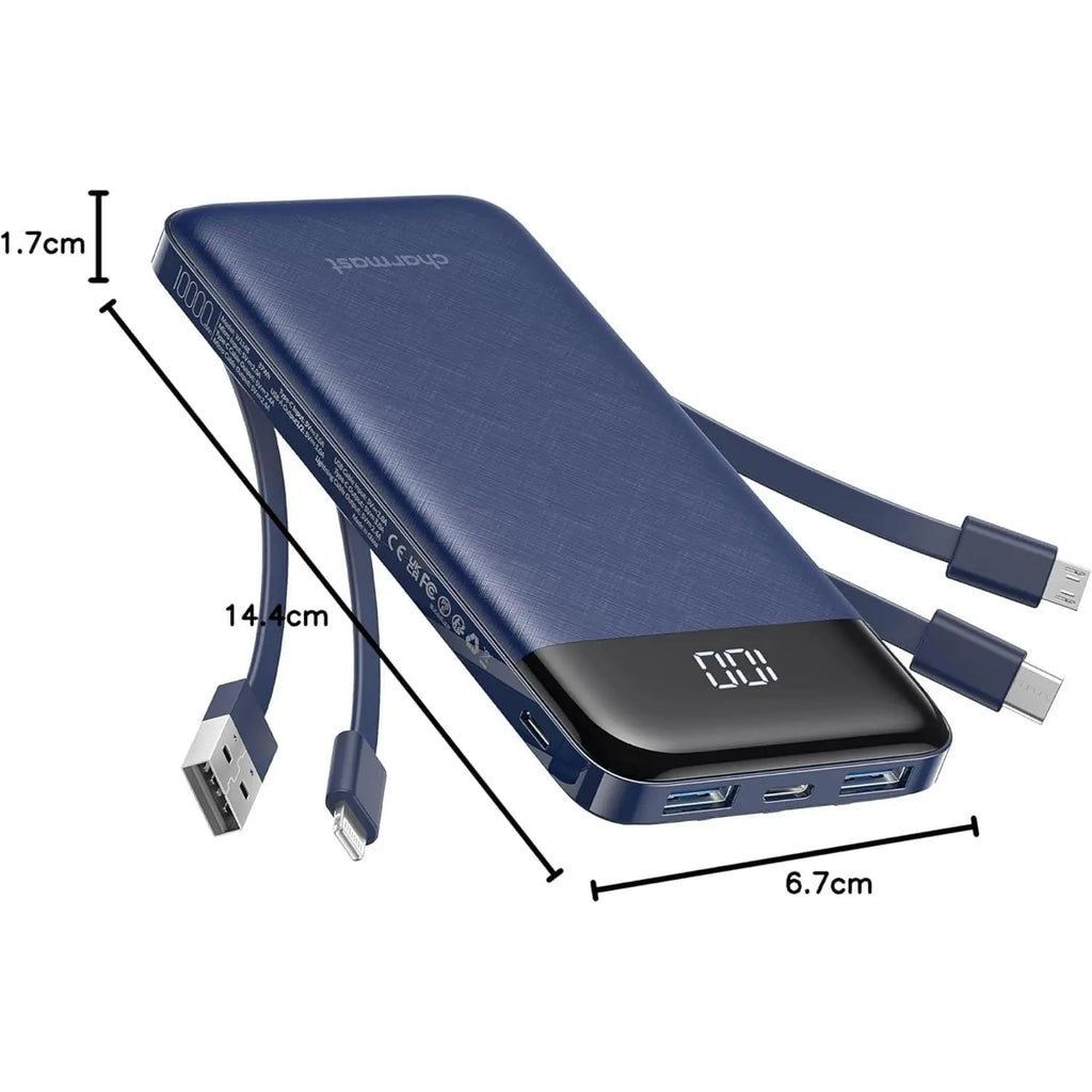 Portable Charger with Built in Cables, Portable Charger with Cords Wires Slim 10000Mah Travel Essentials Battery Pack 6 Outputs 3A High Speed Power Bank for Iphone Samsung Pixel LG Moto Ipad