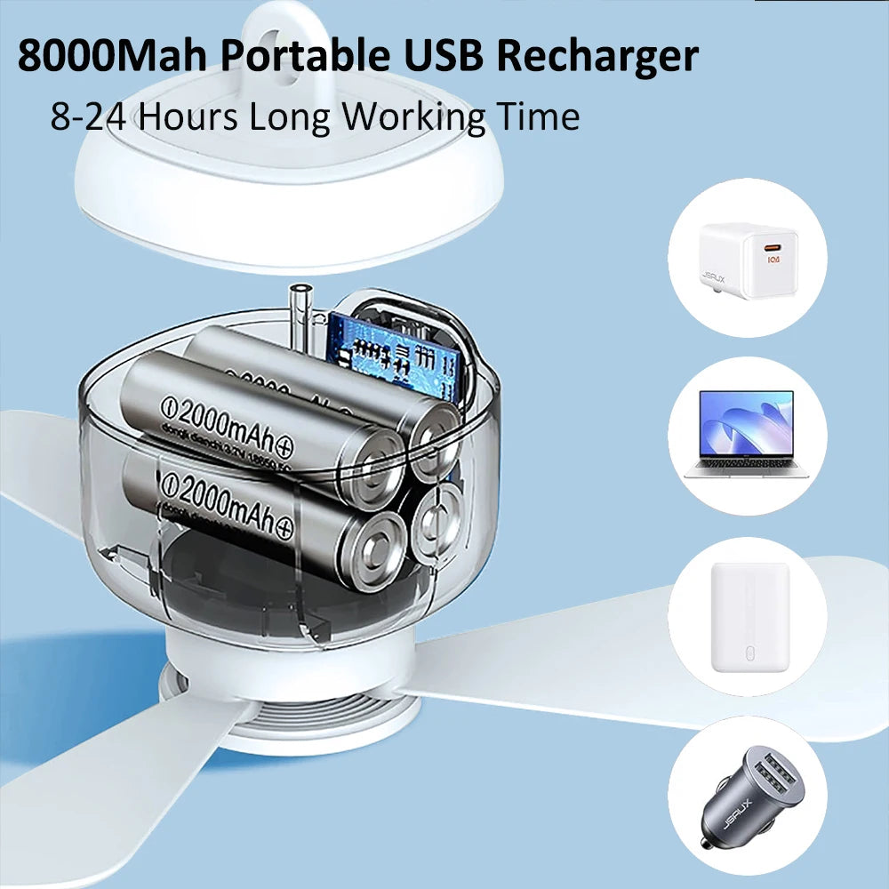 Ceiling Fan Portable Camping Tent Ceiling Canopy Fan 8000Mah Rechargeable Wireless Fan Air Circulators with Remote Control Light