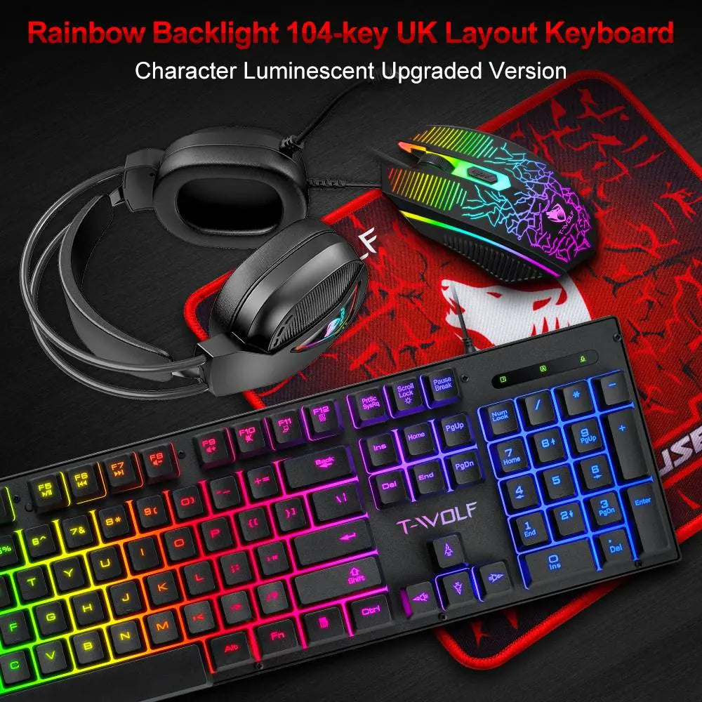 Gaming Keyboard and Mouse and Mouse Pad and Gaming Headset, Wired LED RGB Backlight Bundle for PC Gamers and Xbox and PS4 Users - 4 in 1