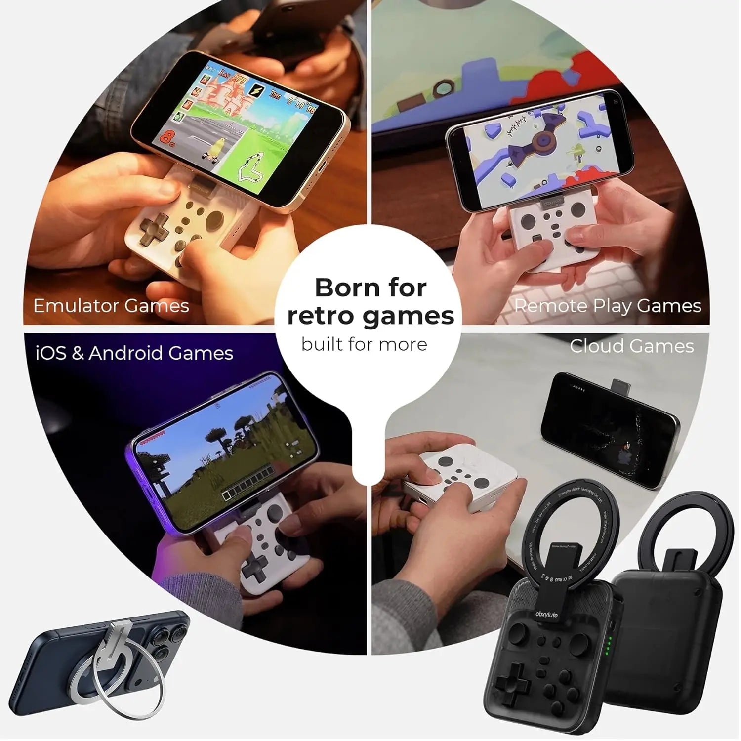 Abxylute M4 Snap-On Mobile Gaming Controller for Android & Iphone, Switch 1&2, Portable Bluetooth Mini Controller, Pocket-Sized Retro Emulator Gamepad W/Stand, Dual Joystick Turbo Pro Gaming, Magnetic (White)