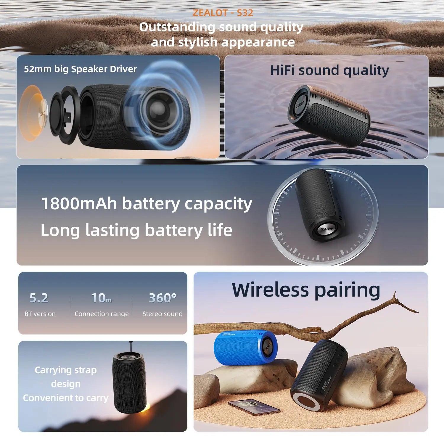 ZEALOT S32 Wireless Speaker, 10W Portable Waterproof Speaker, Rechargeable Outdoor Speaker, Bluetooth-Compatible 5.2 Speaker for Home & Party
