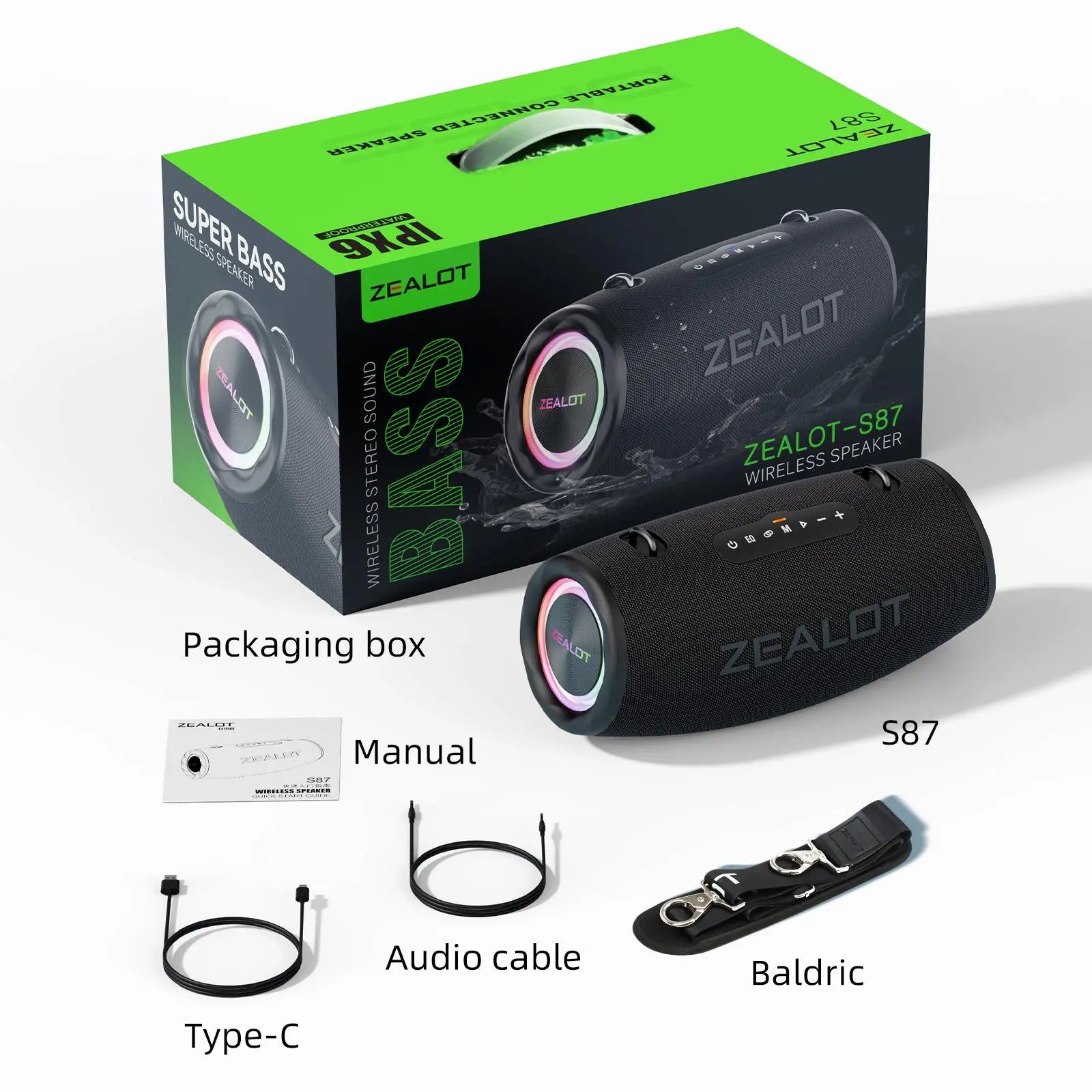 ZEALOT Zealot S87 Portable Wireless Speaker, 1 Count USB Rechargeable 80W Subwoofer Speaker, IPX6 Waterproof Speaker with RGB Light, TWS Speaker