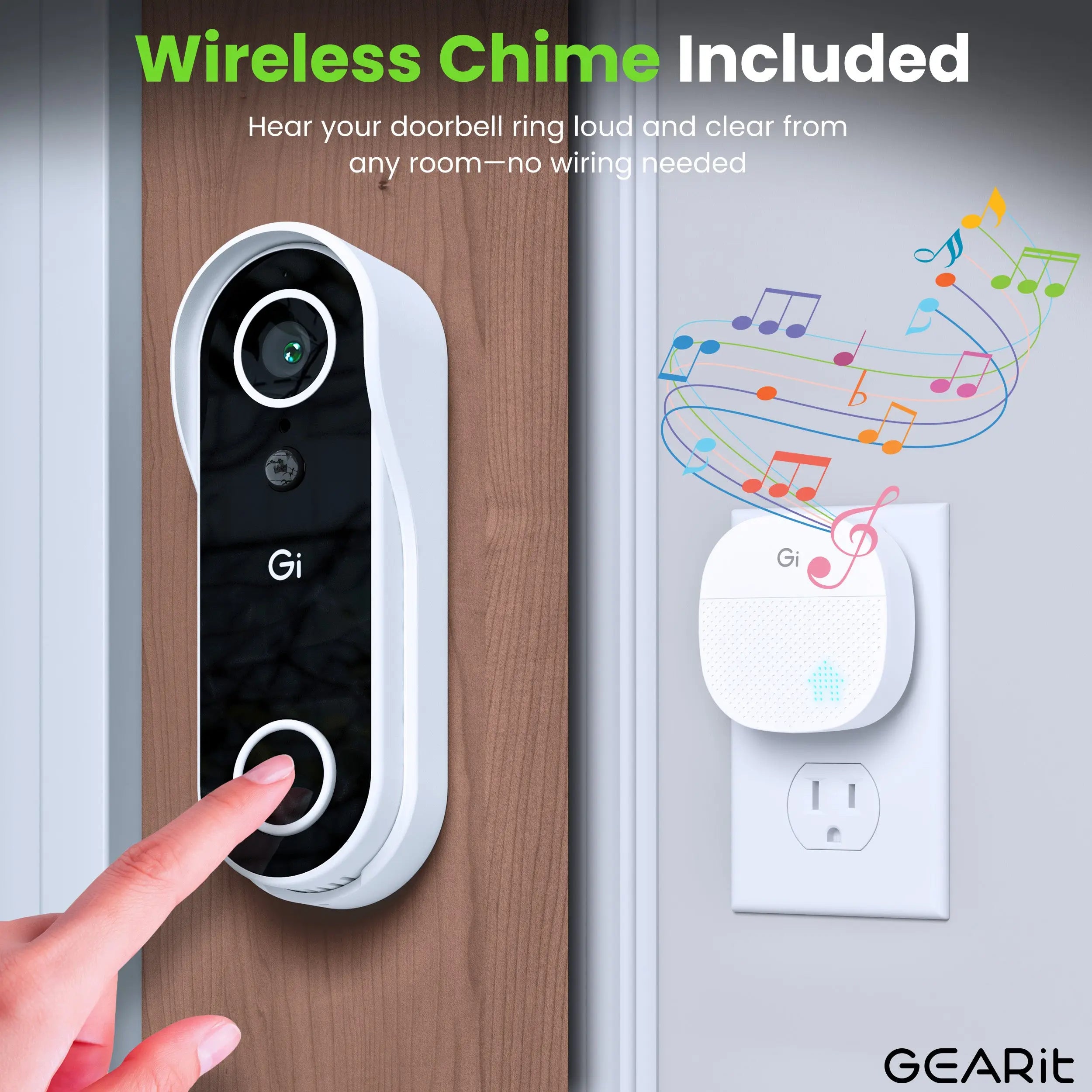 Gearit Smart Video Doorbell with Chime - Wireless 2K QHD Camera - IP64 Weather-Proof, Motion Detection, 2 Way Audio Intercom for Enhanced Security