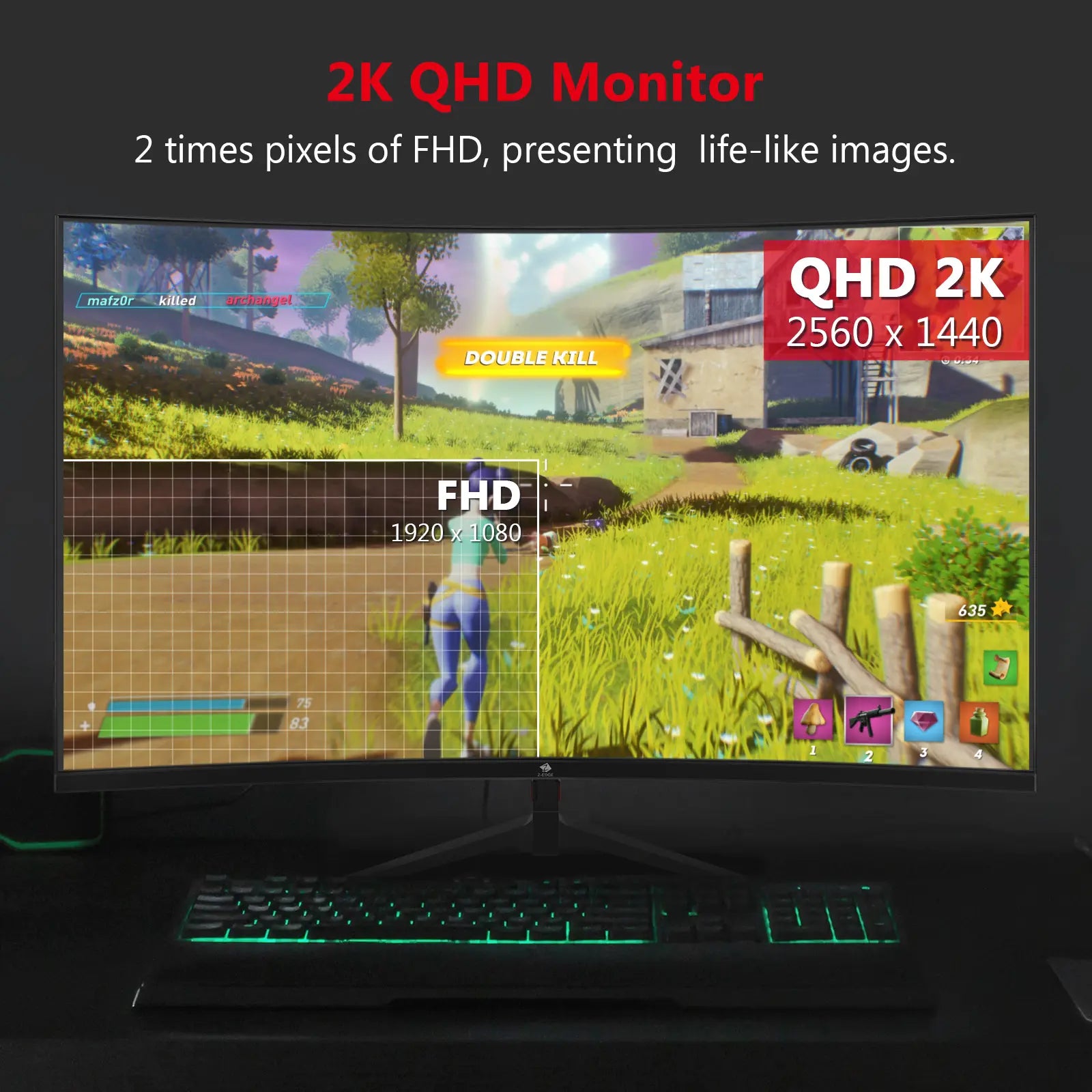 Z-EDGE 27" 165Hz QHD Curved Gaming Monitor, 16:9 2560X1440 1Ms Frameless LED Gaming Monitor, UG27Q DP&HDMI