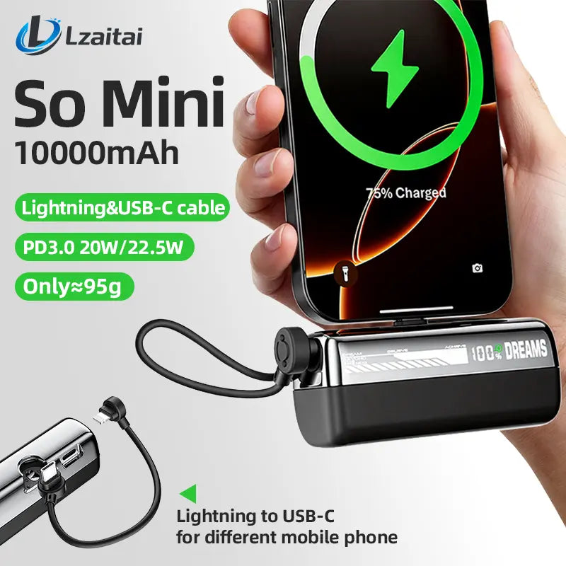 Lzaitai Mini Power Bank PD20W Portable Charger 10000Mah USB-C & Lightning Fast Charging Battery Pack for Iphone 6-17 Pro Max Samsung Galaxy S25/S24/S23 Android Compact Smartphone Charger