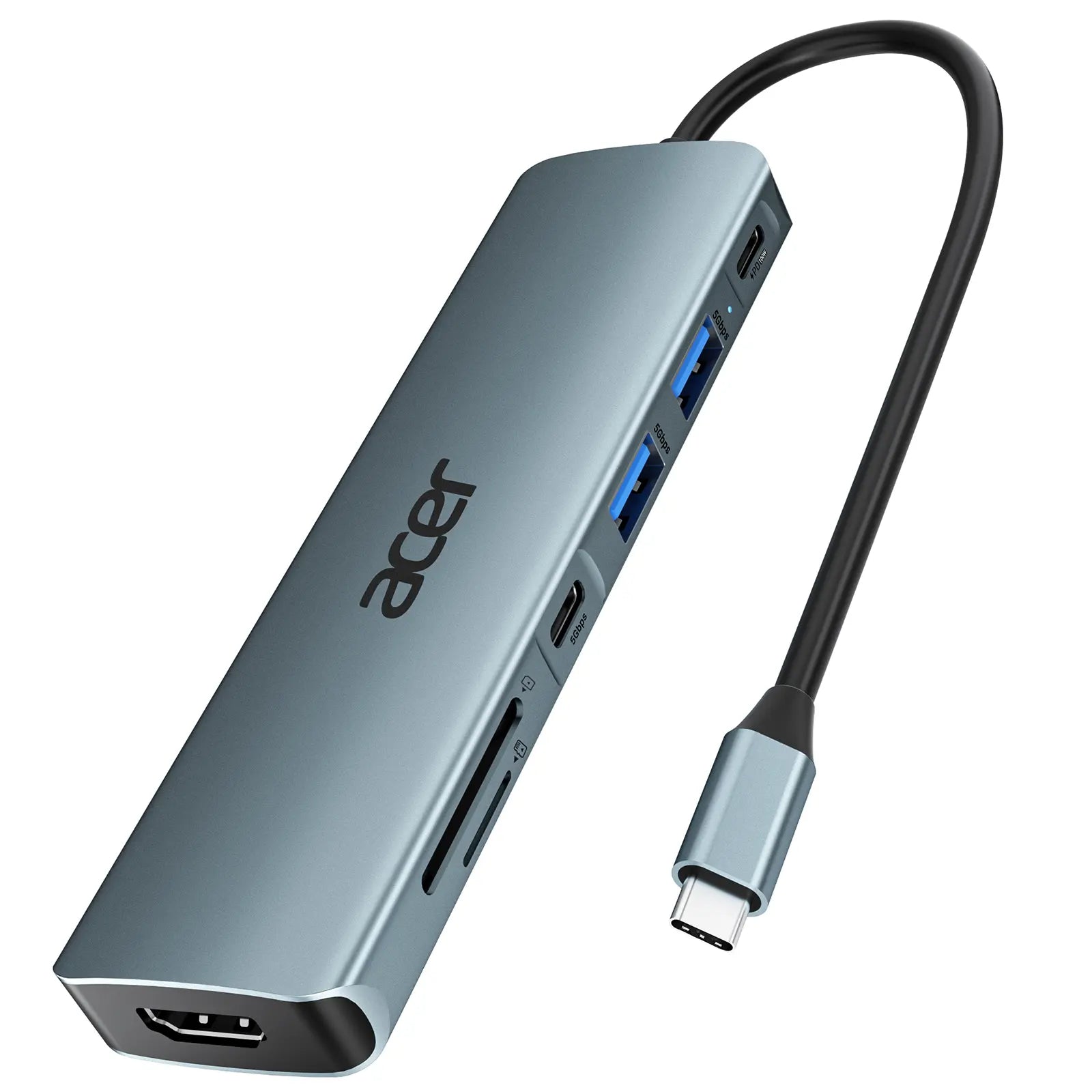 Acer 7-In-1 USB-C Hub Multi-Port Adapter for Laptop 4K HDMI Splitter 2 USB-A 3.1 Type-C PD 100W SD Card Reader Space Grey