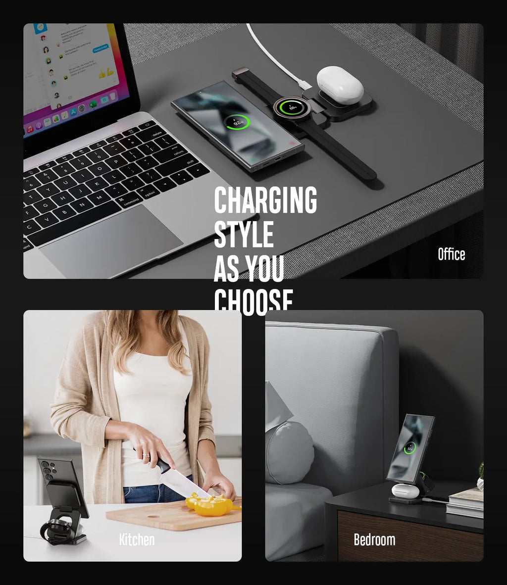 Foldable 3 in 1 Wireless Charging Station for Samsung, KU XIU X55 Ultra Magnetic Travel Charger Stand for Galaxy S24 Ultra S23 S22 Note 20 Z Fold Flip 6 5, Galaxy Watch Ultra 7 6 5, Galaxy Buds, Black