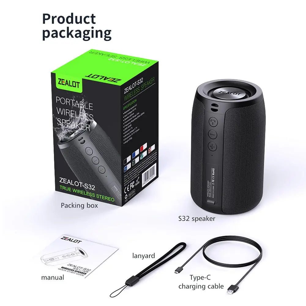 ZEALOT S32 Wireless Speaker, 10W Portable Waterproof Speaker, Rechargeable Outdoor Speaker, Bluetooth-Compatible 5.2 Speaker for Home & Party