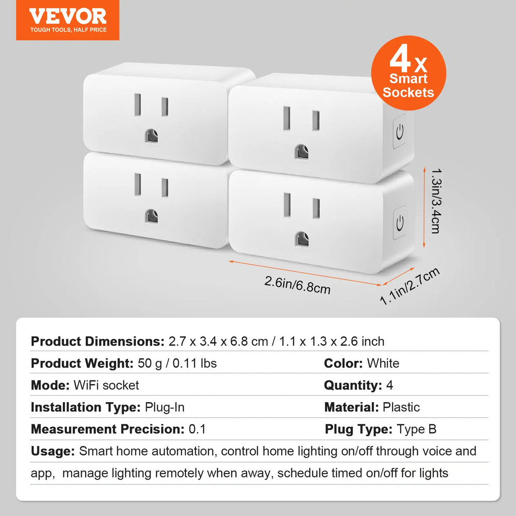 VEVOR 4 Pack Smart Plug, Tiktokshopblackfriday, Voice Control Outlet, Remote & Scheduled, Works with Alexa & Google Home Assistant, Remote Control App Compatible with Android 5.0 or Higher & Ios 10.0 or Highe