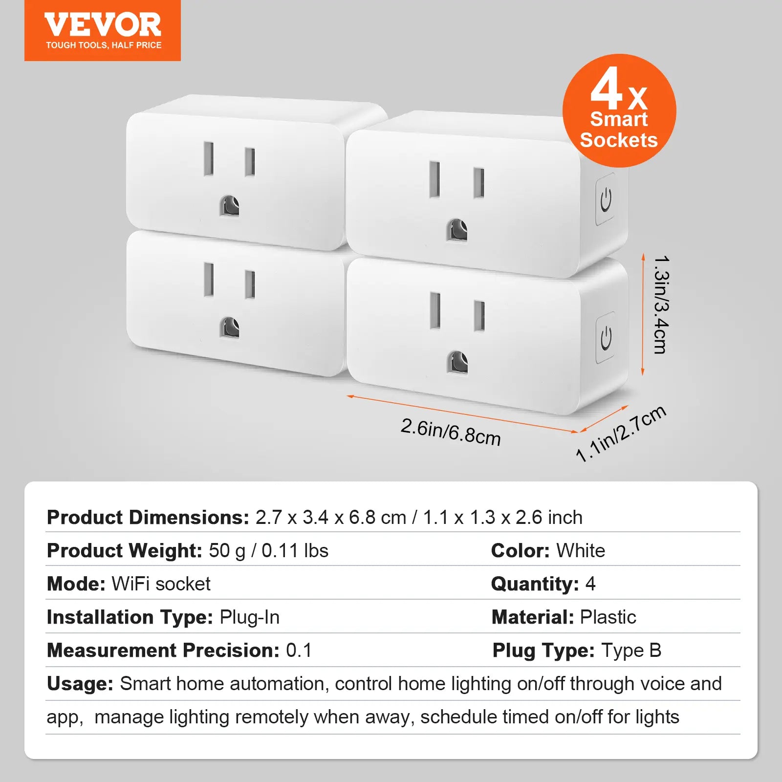 VEVOR 4 Pack Smart Plug, Tiktokshopblackfriday, Voice Control Outlet, Remote & Scheduled, Works with Alexa & Google Home Assistant, Remote Control App Compatible with Android 5.0 or Higher & Ios 10.0 or Highe