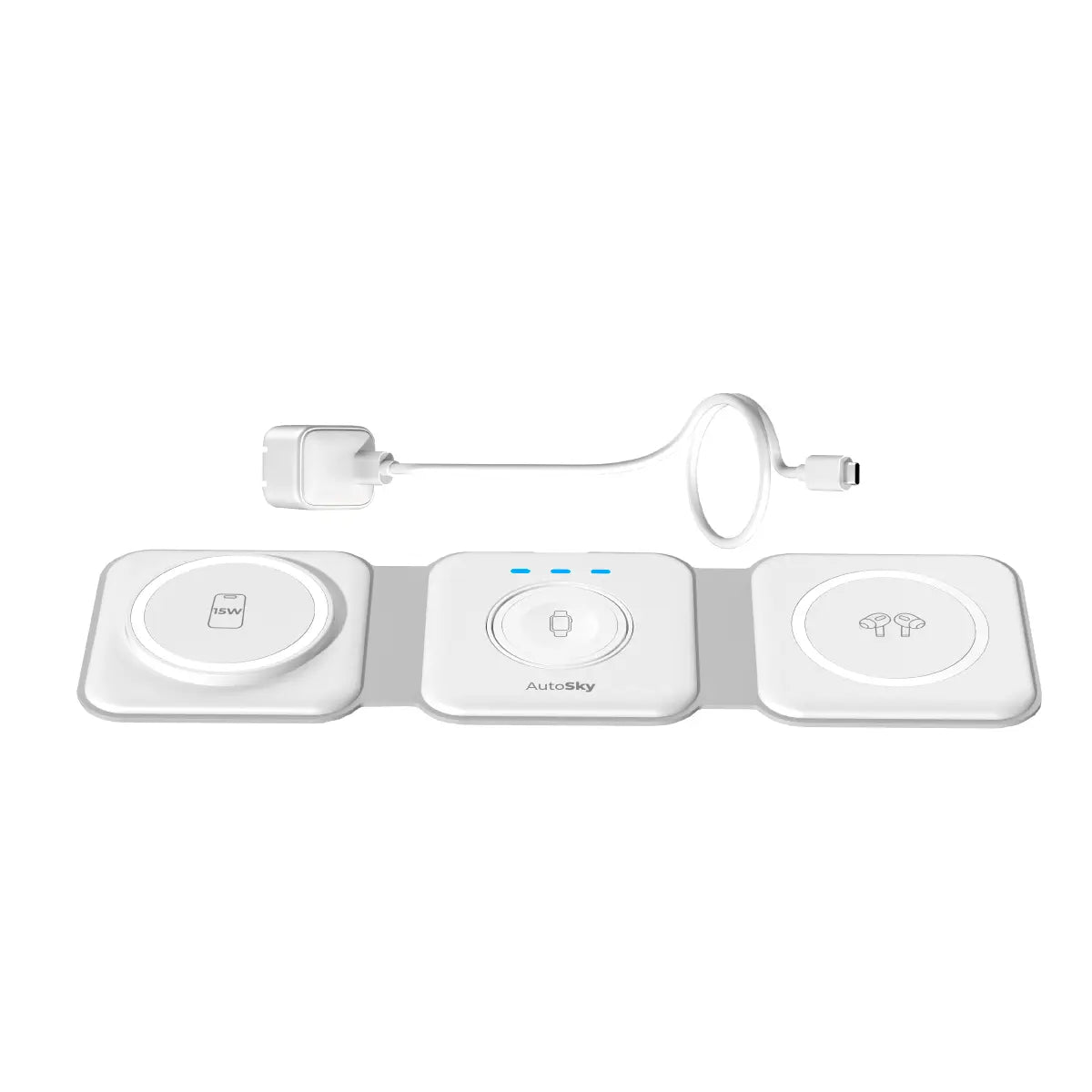 Autosky 3 in 1 Wireless Charger with 30W Fast Charge Adapter, Fast Wireless Charging Pad, Travel Charger for Multiple Devices, Foldable 3 in 1 Wireless Charging Station Apple Compatible with Iphone 15/14/13/12, Airpods 3/2, Iwatch