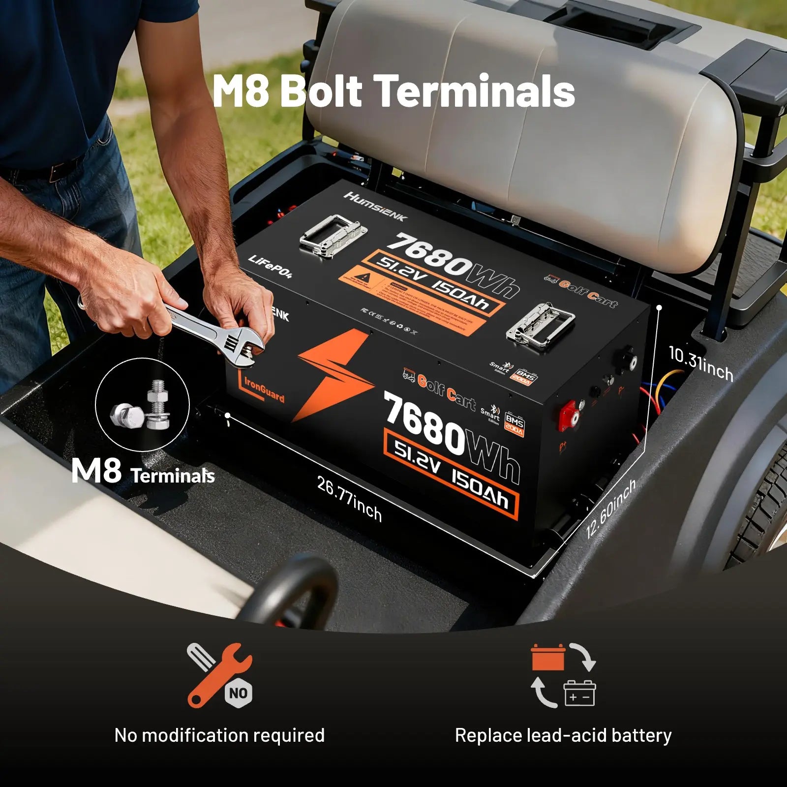 Humsienk 48V 150Ah Golf Cart Battery with Blade Cell & Metal Case, Lifepo4 Lithium Battery with 200A BMS, Bluetooth APP & LCD Monitor, 15000+ Cycles, Peak Current 600A with Low-Temp Protection for Golf Carts
