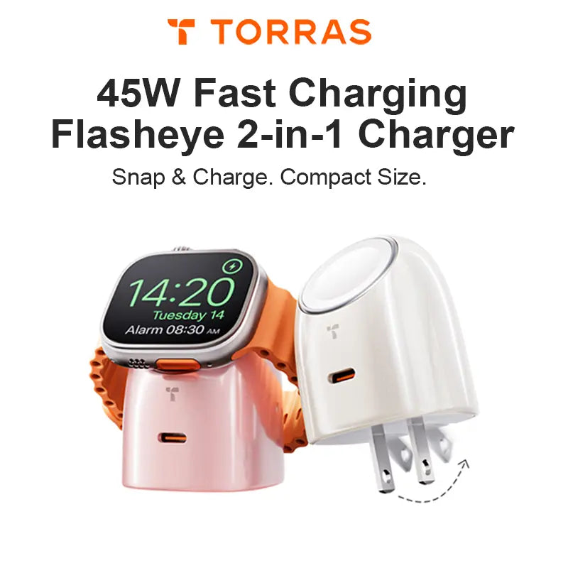 TORRAS Flasheye 45W 2-In-1 Charger for Apple Watch, Snap-On Magnetic Charging, 45W USB-C PD Fast Charging for Iphone17 16 15 14 13Pro Max, Ipad & Macbook, Travel, Compact Cute Desk Charger, Foldable Plug, Travel Friendly, Minimal Setup for Apple Lovers