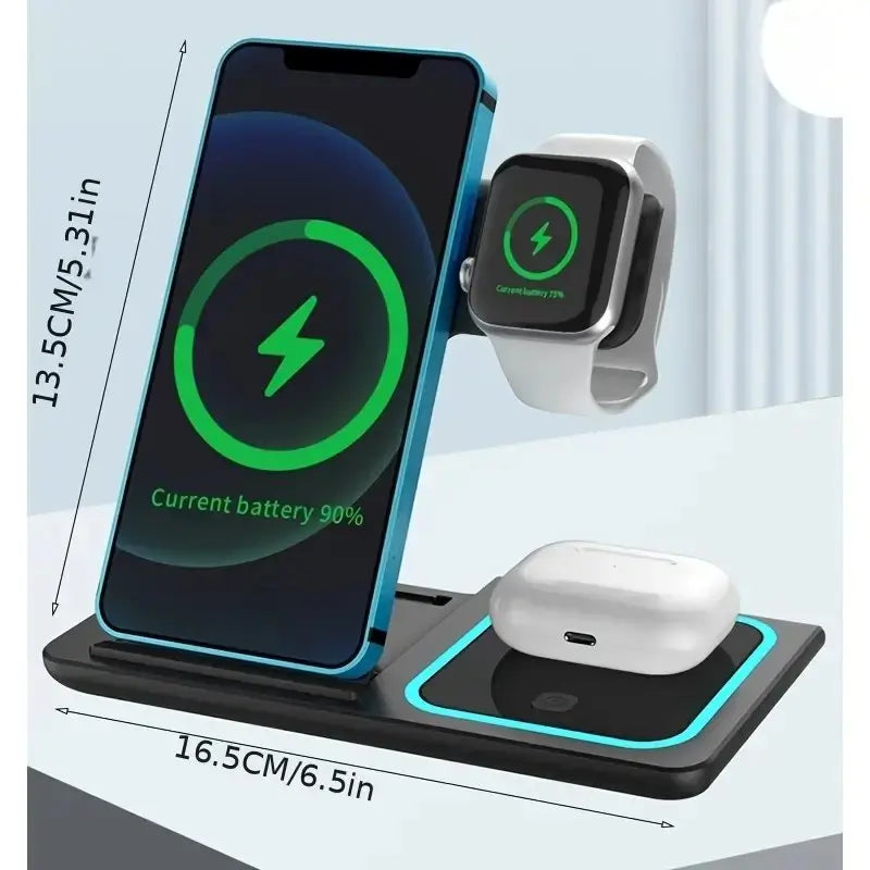 3 in 1 Wireless Charger Stand Foldable Fast Charging Station Dock Mobile Phone Holder for Iphone 15/ 14/13/ 12/ Iwatch Airpods Waterproof