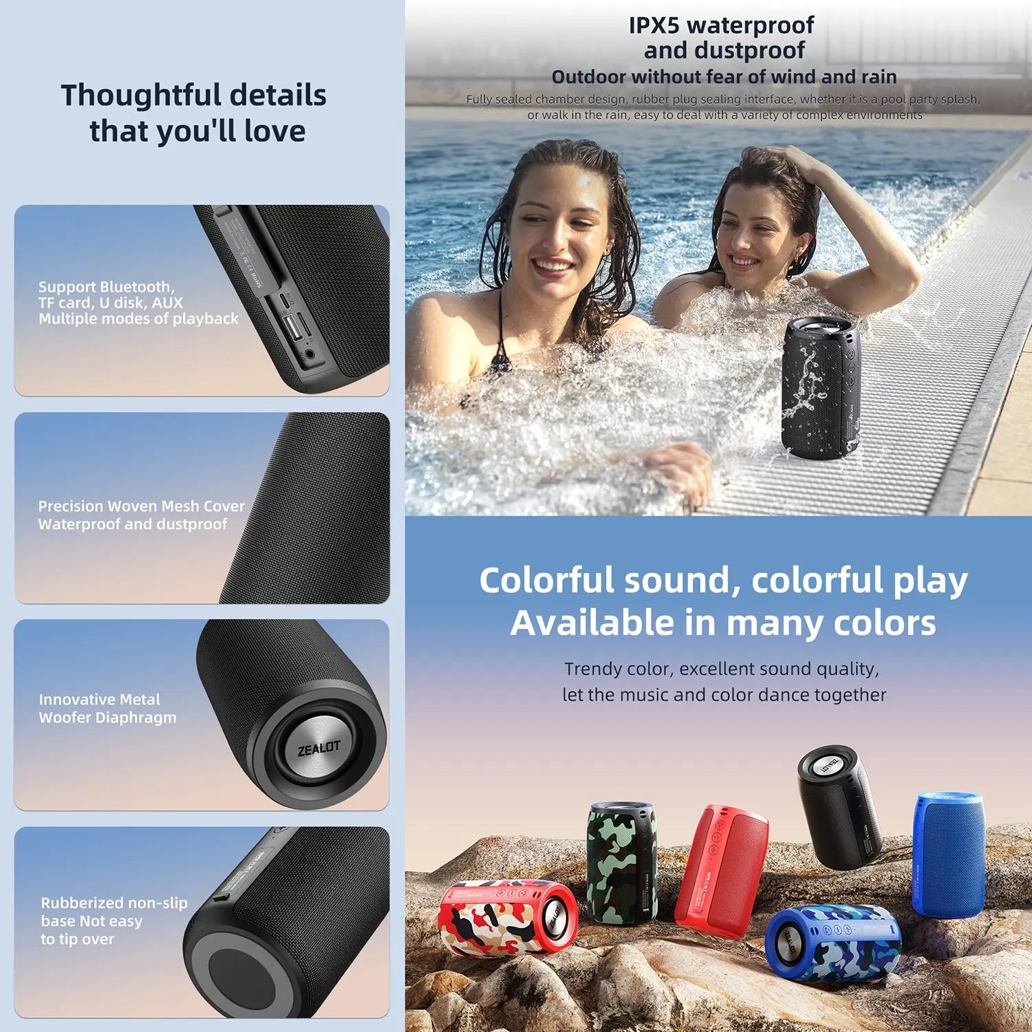 ZEALOT S32 Wireless Speaker, 10W Portable Waterproof Speaker, Rechargeable Outdoor Speaker, Bluetooth-Compatible 5.2 Speaker for Home & Party