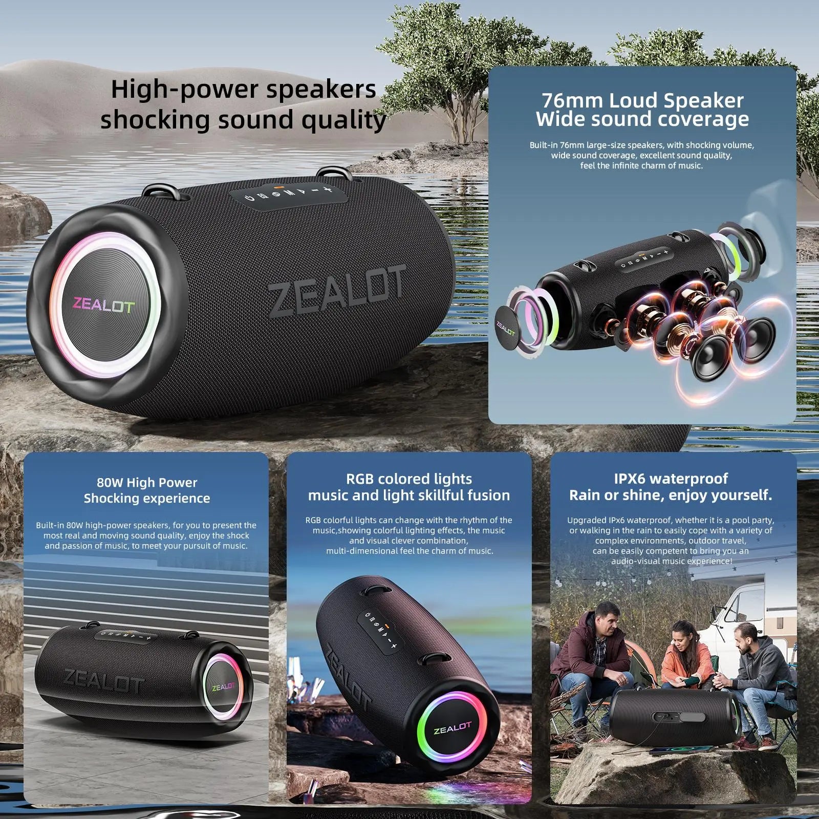ZEALOT Zealot S87 Portable Wireless Speaker, 1 Count USB Rechargeable 80W Subwoofer Speaker, IPX6 Waterproof Speaker with RGB Light, TWS Speaker
