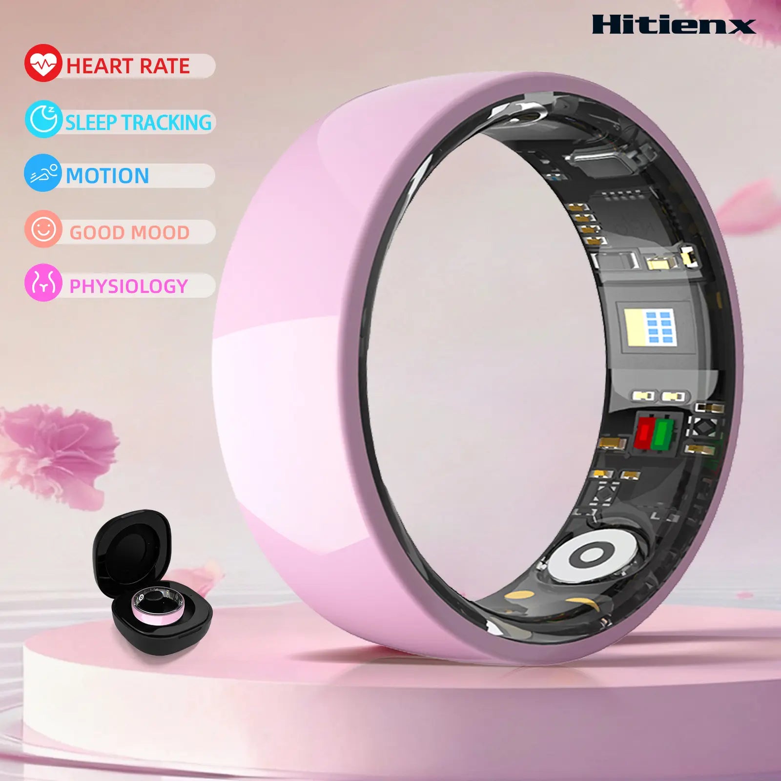 Ceramic Glass Smart Ring Fitness & Activity Tracker, Pink & White. Tracks Calories, Sleep & Heart Rate. IP68 Waterproof, Unisex, Includes Charging Case, Compatible with Ios & Android. Stylish Minimalist Design, Perfect Holiday Gift.