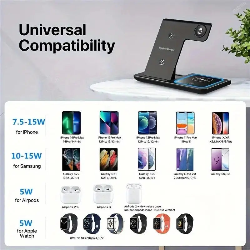 3 in 1 Wireless Charger Stand Foldable Fast Charging Station Dock Mobile Phone Holder for Iphone 15/ 14/13/ 12/ Iwatch Airpods Waterproof