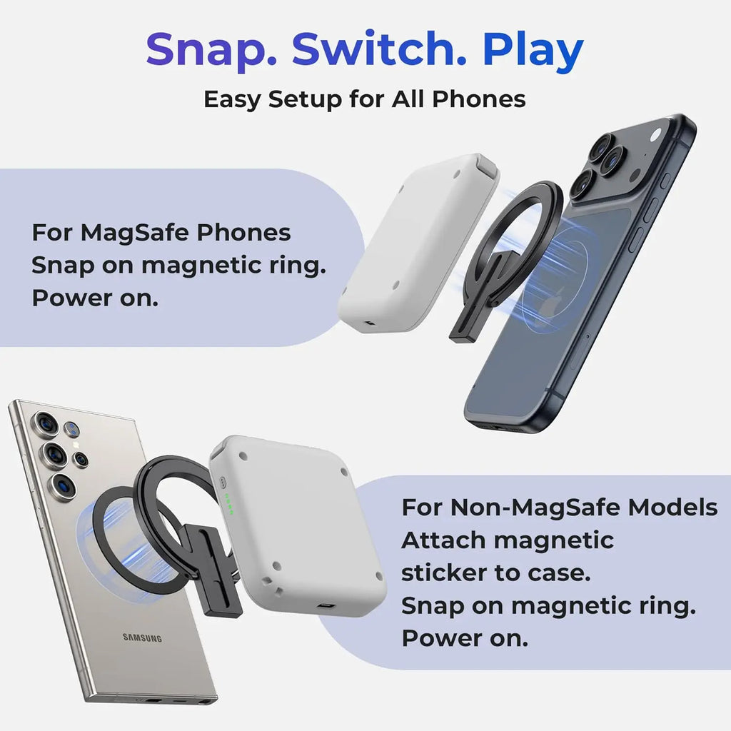 Abxylute M4 Snap-On Mobile Gaming Controller for Android & Iphone, Switch 1&2, Portable Bluetooth Mini Controller, Pocket-Sized Retro Emulator Gamepad W/Stand, Dual Joystick Turbo Pro Gaming, Magnetic (White)