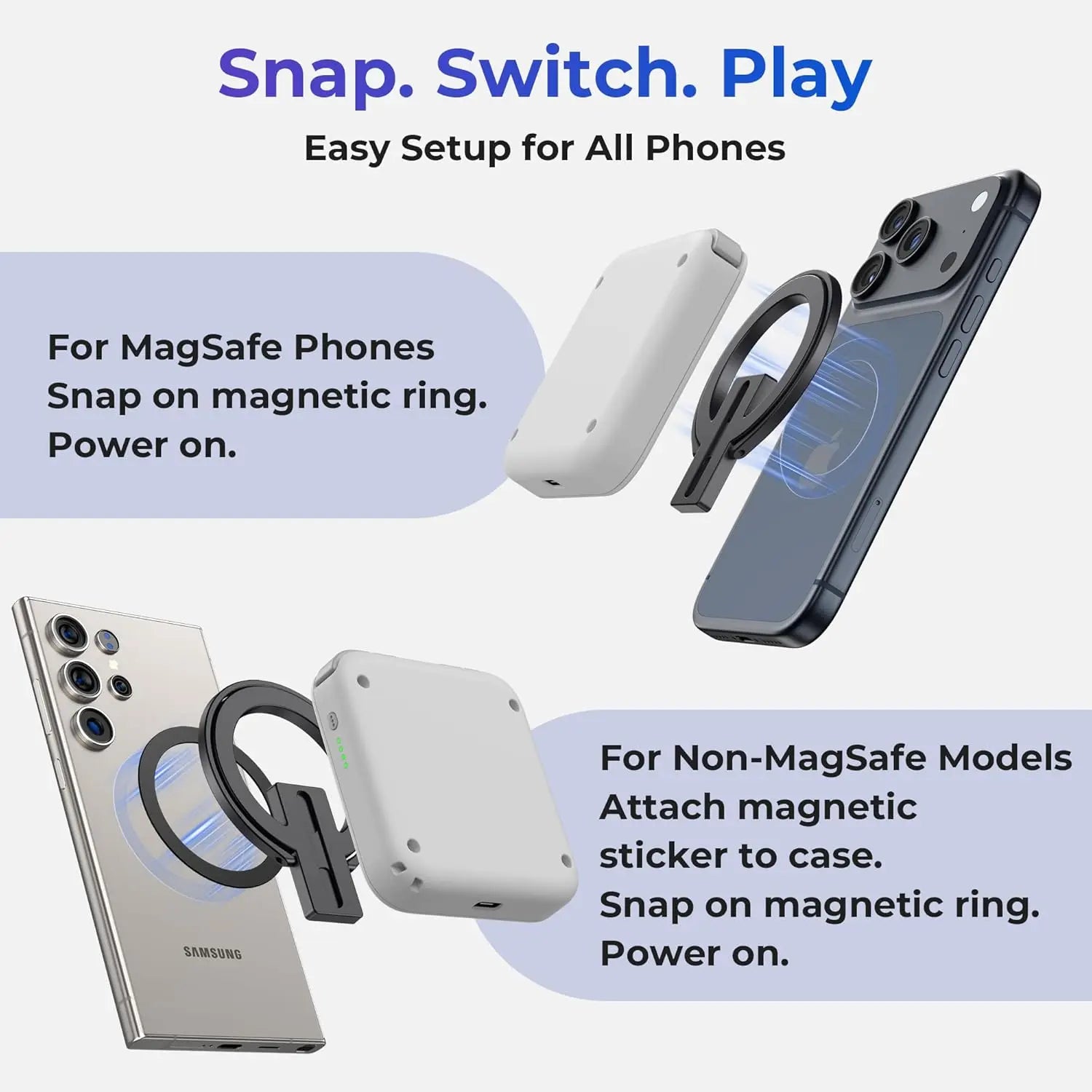 Abxylute M4 Snap-On Mobile Gaming Controller for Android & Iphone, Switch 1&2, Portable Bluetooth Mini Controller, Pocket-Sized Retro Emulator Gamepad W/Stand, Dual Joystick Turbo Pro Gaming, Magnetic (White)