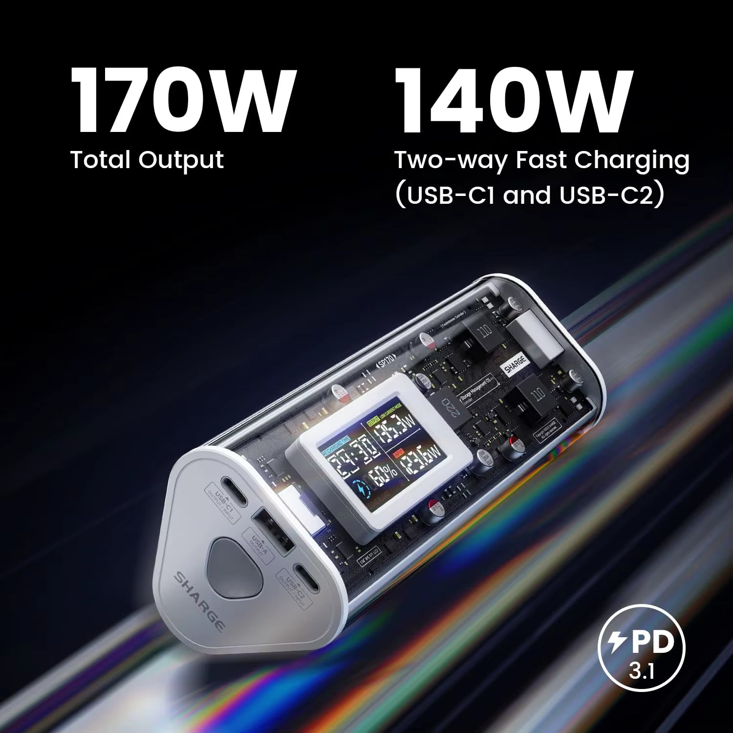 Power Bank 24000Mah 170W Output Fast Charge with IPS Smart Screen Display IP66 Waterproof for Macbook Tablet Iphone 15Pro