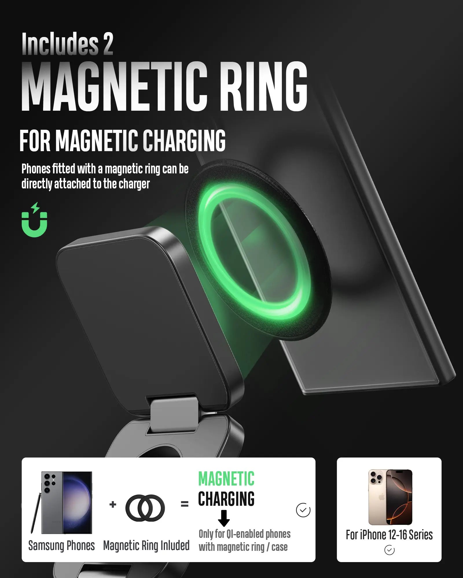 Foldable 3 in 1 Wireless Charging Station for Samsung, KU XIU X55 Ultra Magnetic Travel Charger Stand for Galaxy S24 Ultra S23 S22 Note 20 Z Fold Flip 6 5, Galaxy Watch Ultra 7 6 5, Galaxy Buds, Black