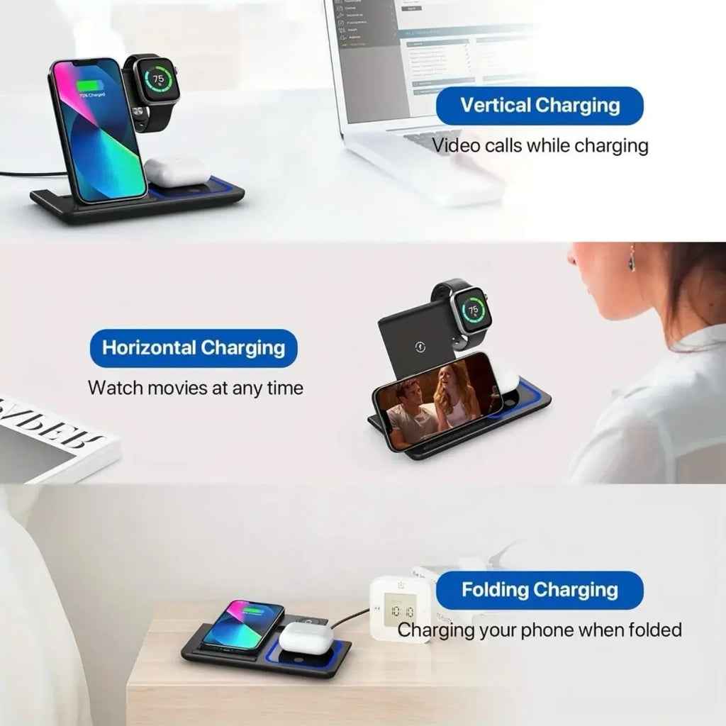 3 in 1 Wireless Charger for Apple & Android Devices. Fast Charging Dock Station for Airpods, Watch, and Phone. Accessories, Cellphone, Smartphone. Foldable. Electronic Mobile.