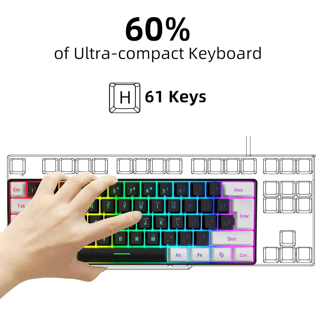 Snpurdiri 60% Wired Gaming Keyboard, 61 Keys RGB Backlit Wrist Rest Ultra-Compact Mini Waterproof Keyboard for PC Computer Gamer (White)