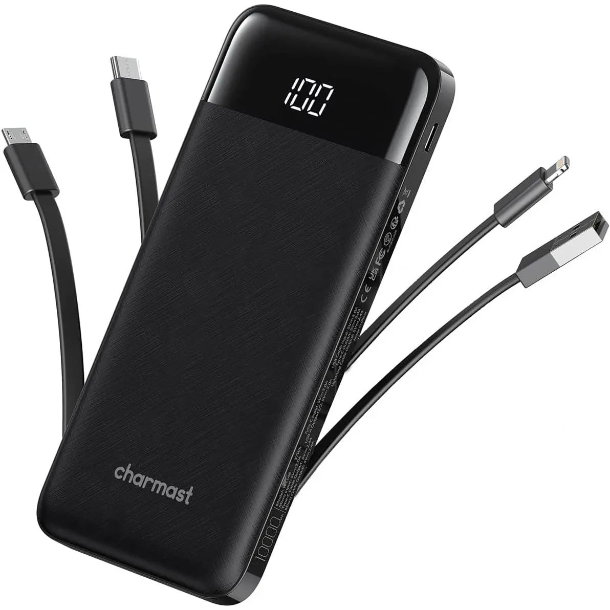 Portable Charger with Built in Cables, Portable Charger with Cords Wires Slim 10000Mah Travel Essentials Battery Pack 6 Outputs 3A High Speed Power Bank for Iphone Samsung Pixel LG Moto Ipad