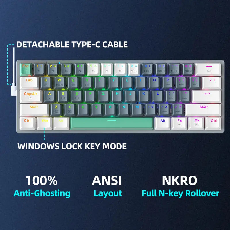 Machenike K500-B61W 60% Wireless Mechanical Gaming Keyboard with 61 Keys, Hot-Swappable Switches, Vibrant RGB Backlight, and Triple Mode Connectivity