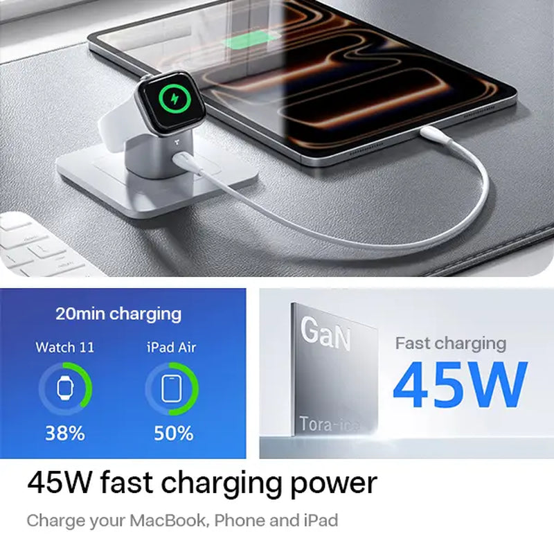 TORRAS Flasheye 45W 2-In-1 Charger for Apple Watch, Snap-On Magnetic Charging, 45W USB-C PD Fast Charging for Iphone17 16 15 14 13Pro Max, Ipad & Macbook, Travel, Compact Cute Desk Charger, Foldable Plug, Travel Friendly, Minimal Setup for Apple Lovers