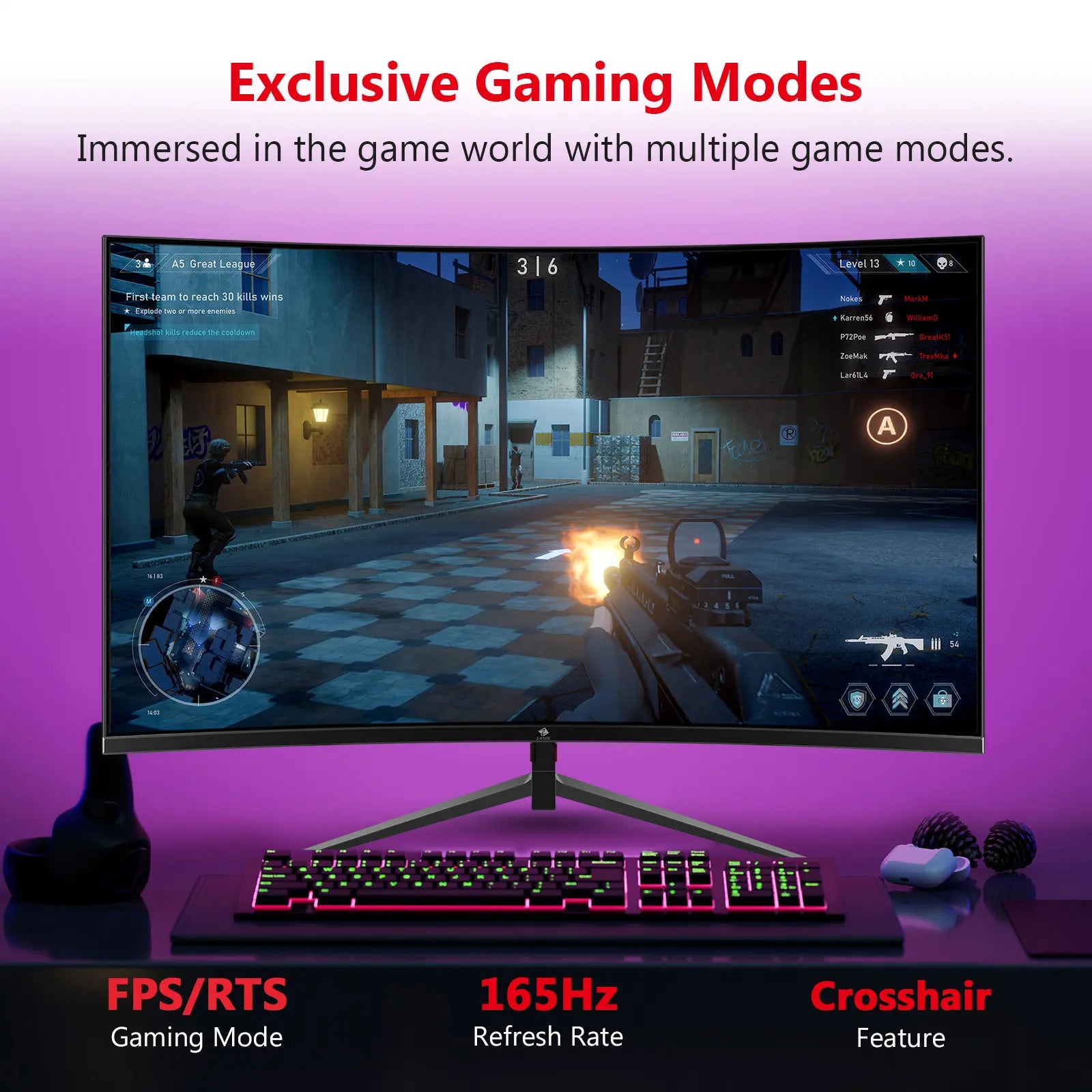 Z-EDGE 27" 165Hz QHD Curved Gaming Monitor, 16:9 2560X1440 1Ms Frameless LED Gaming Monitor, UG27Q DP&HDMI