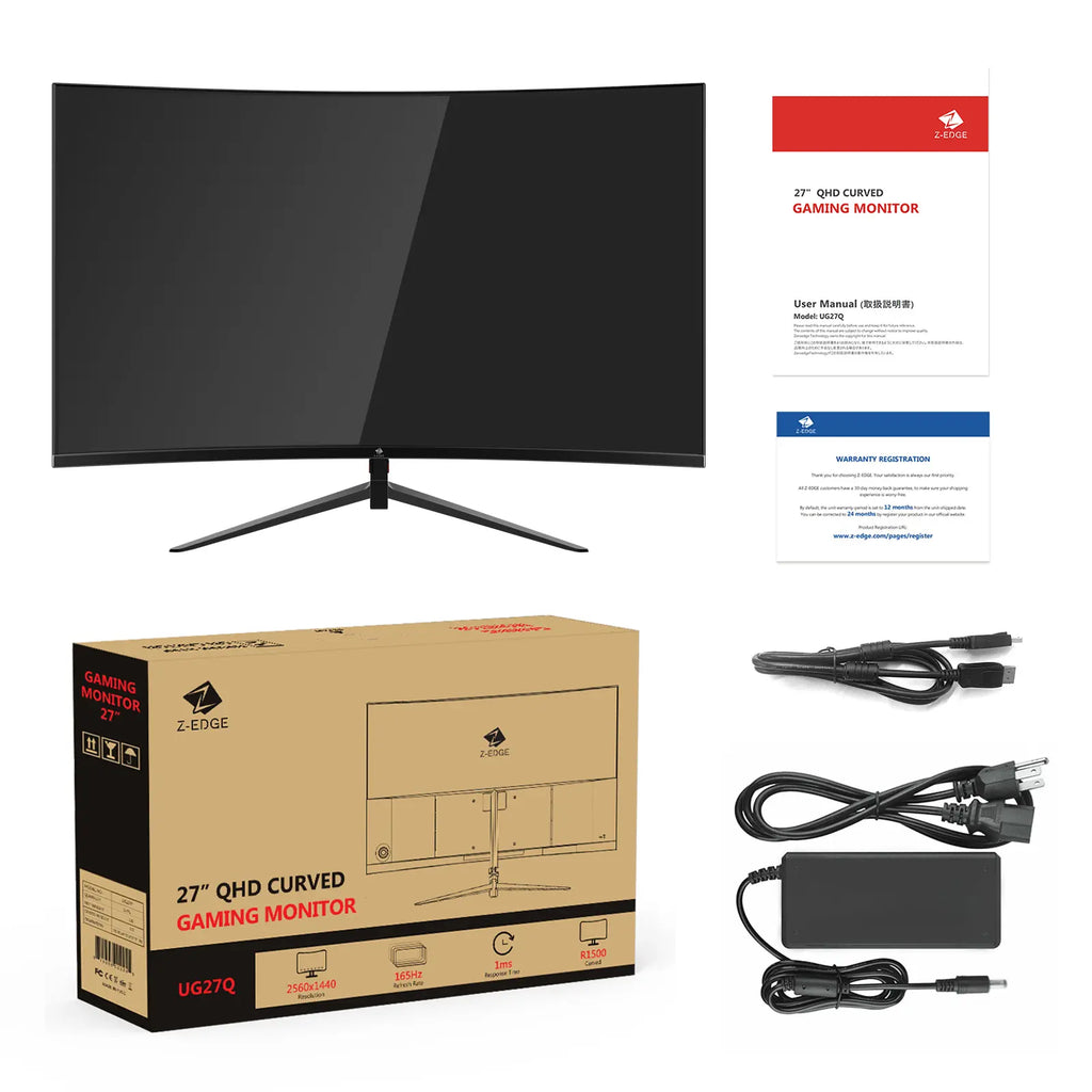 Z-EDGE 27" 165Hz QHD Curved Gaming Monitor, 16:9 2560X1440 1Ms Frameless LED Gaming Monitor, UG27Q DP&HDMI